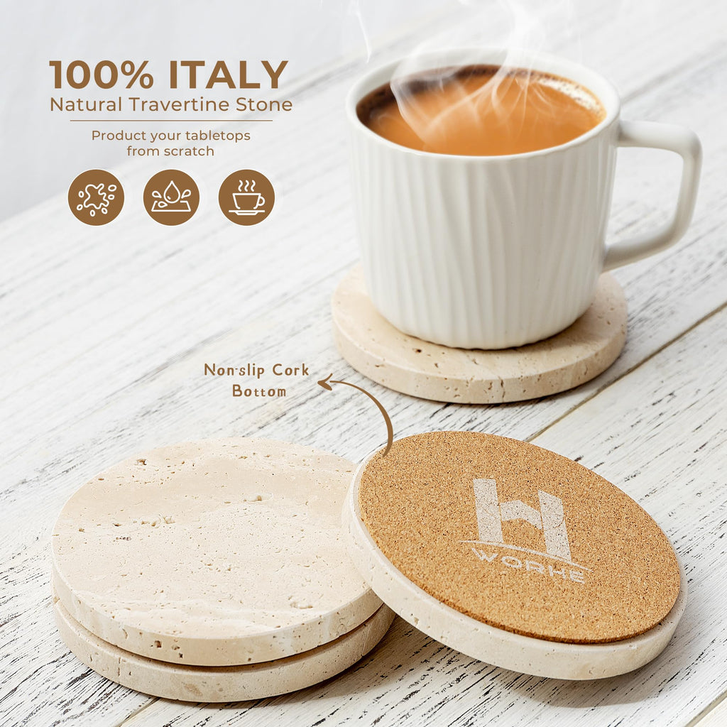 WORHE Marble Coaster for Drinks 4" Diameter Set of 4 Round Travertine Coasters for Home Decor Office Parties Birthday Housewarming Gift, Protect Countertops from Dirty,Sturdy and Tough Beige (BD140)