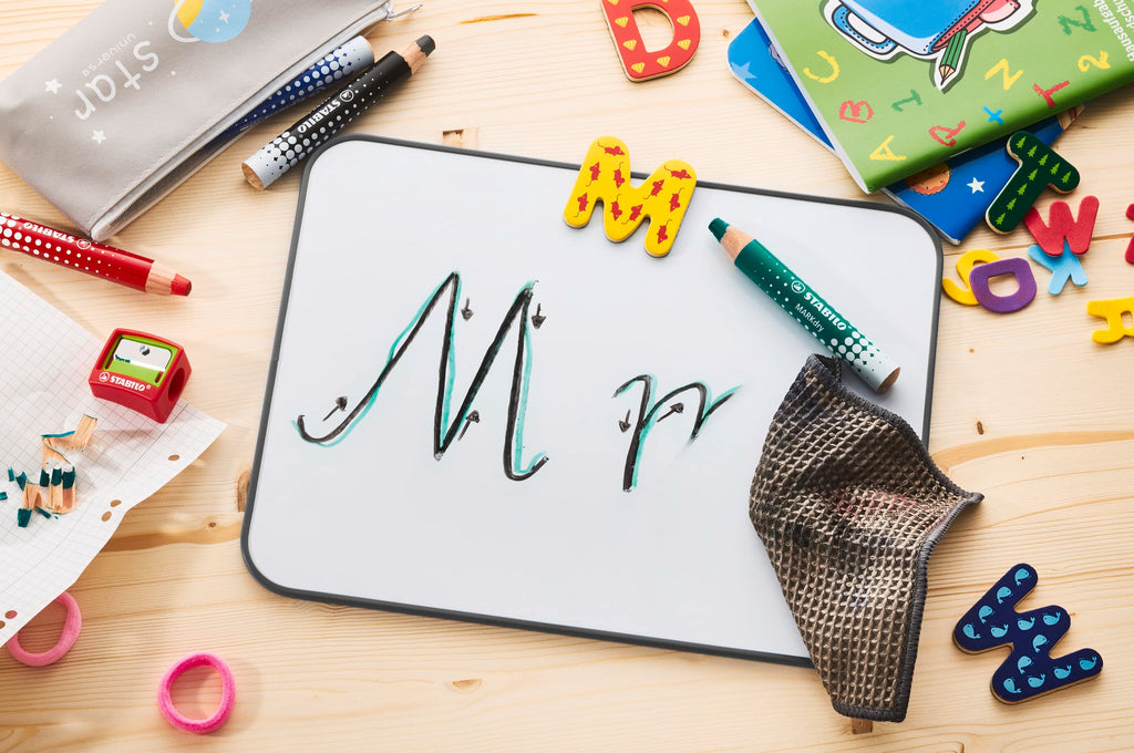 STABILO MARKdry Whiteboard and Flip Chart Marker Pack of 4 with Sharpener and Wiping Cloth in Four Different Colours