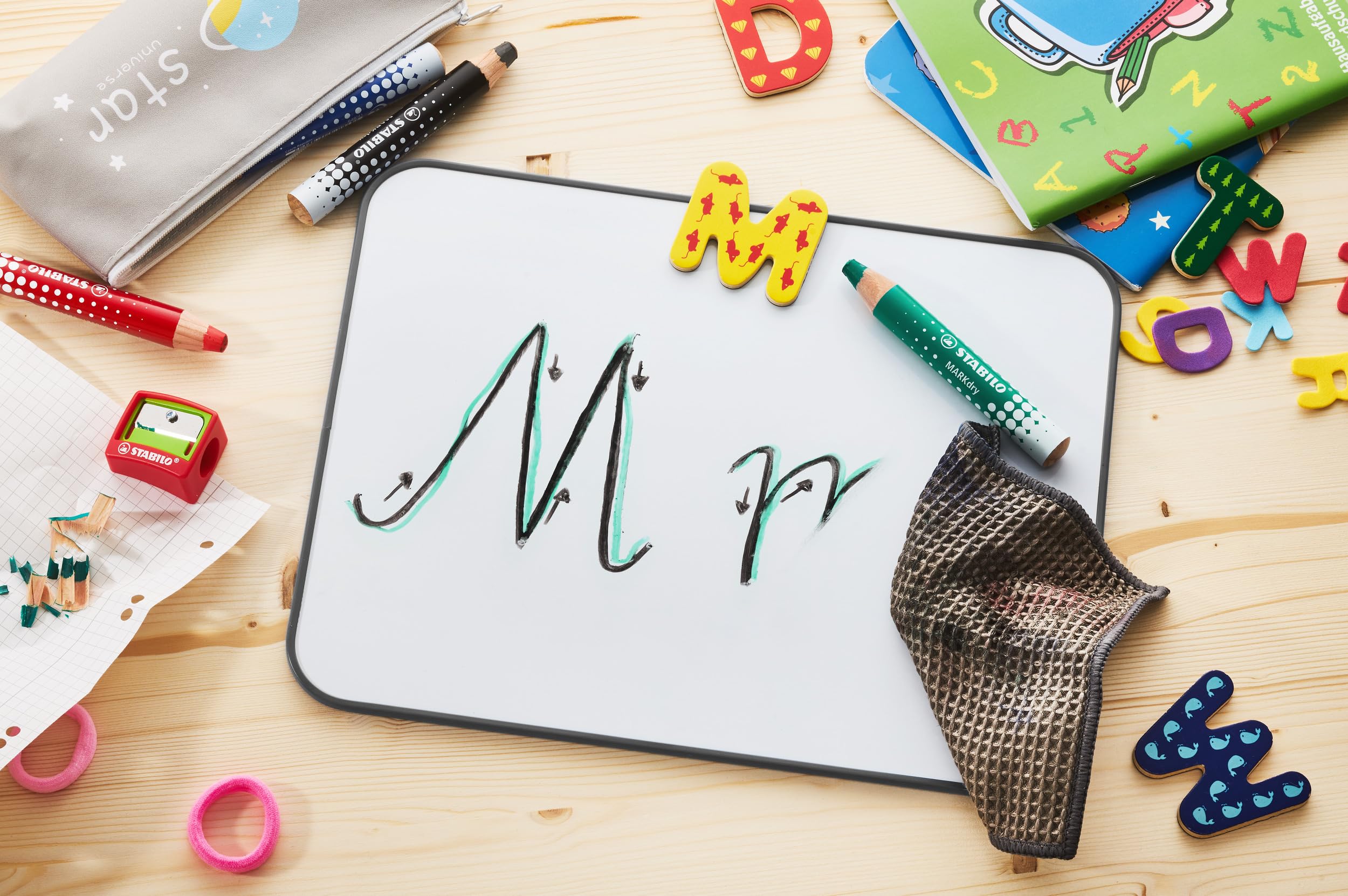 STABILO MARKdry Whiteboard and Flip Chart Marker Pack of 4 with Sharpener and Wiping Cloth in Four Different Colours