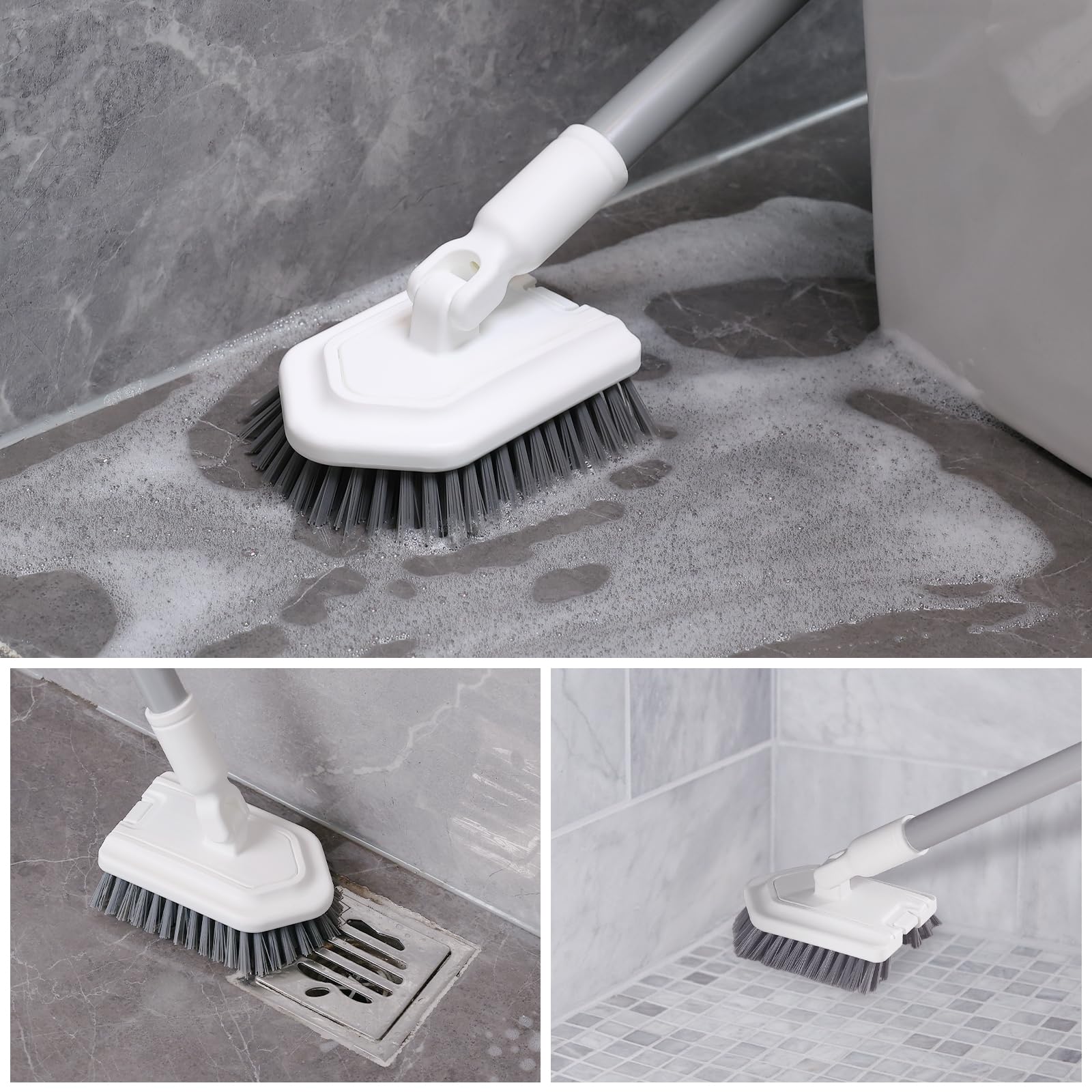 Mitclear Floor Scrub Brush, 3-in-1 Shower Scrubber Tub Tile Floor Cleaner with Adjustable Handle(53IN), Long Floor Cleaning Brush with 3 Detachable Heads for Bathroom Kitchen Tub Tile Floors Walls
