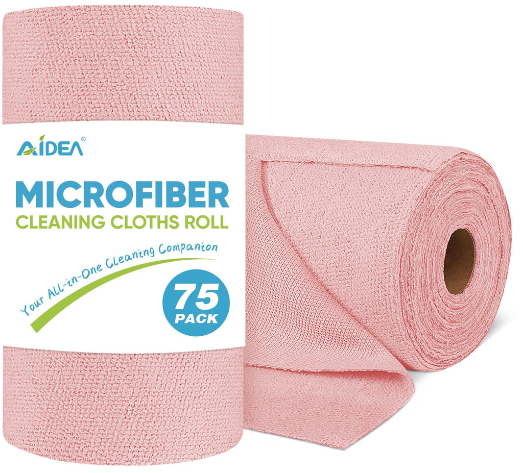 AIDEA Microfiber Cleaning Cloth Roll, 75PK, Tear Away Reusable Paper Towels, Pink Towels Lint Free Rags for House, Kitchen, Car Cleaning Supplies, 11.5"×11.5"