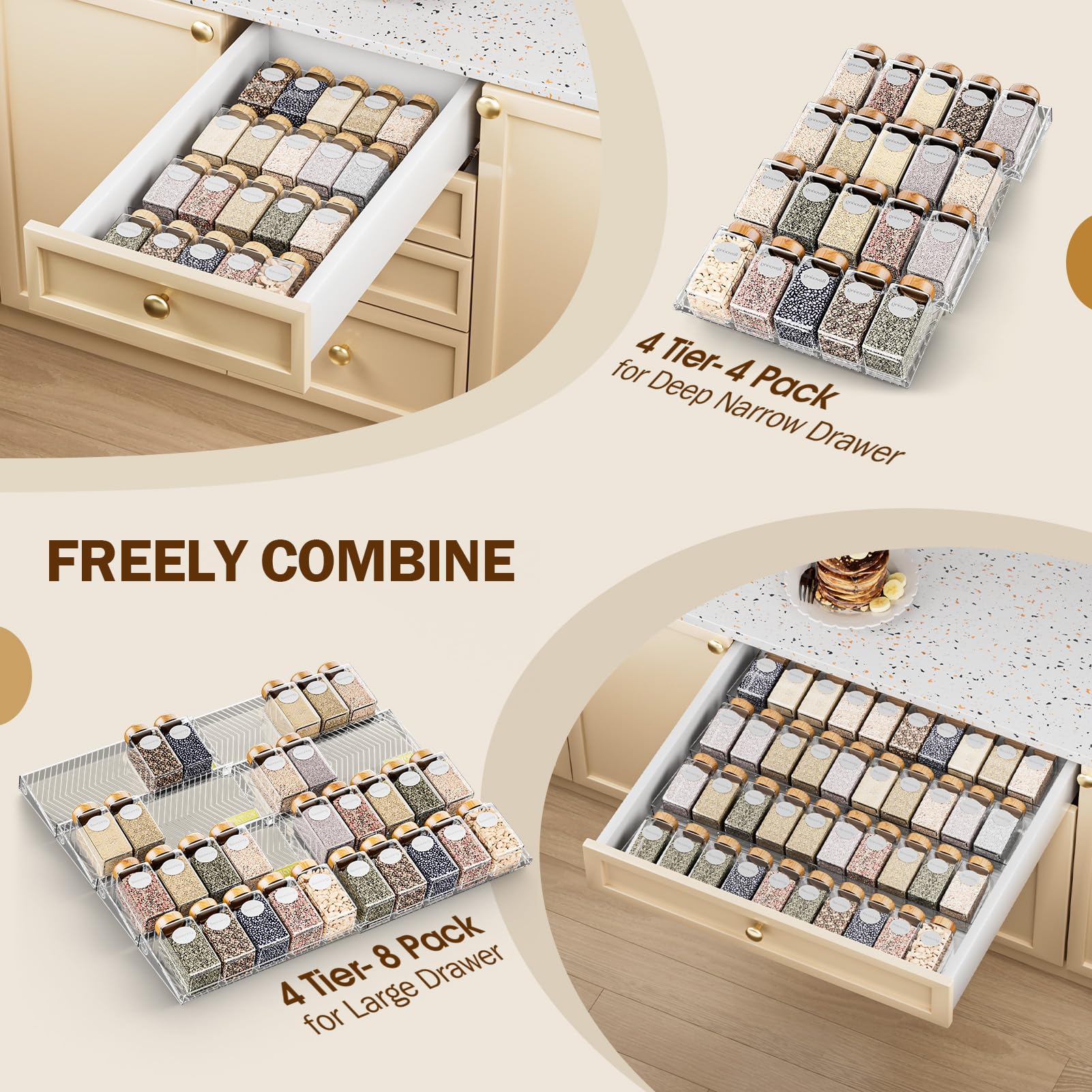 PanPanPal Spice Drawer Organizer, 4 Pack Clear Seasoning Organizer Rack, Kitchen Spice Rack Organizers for Drawer/Countertop (Jars Not Included, Expandable From 11" to 22" Wide)