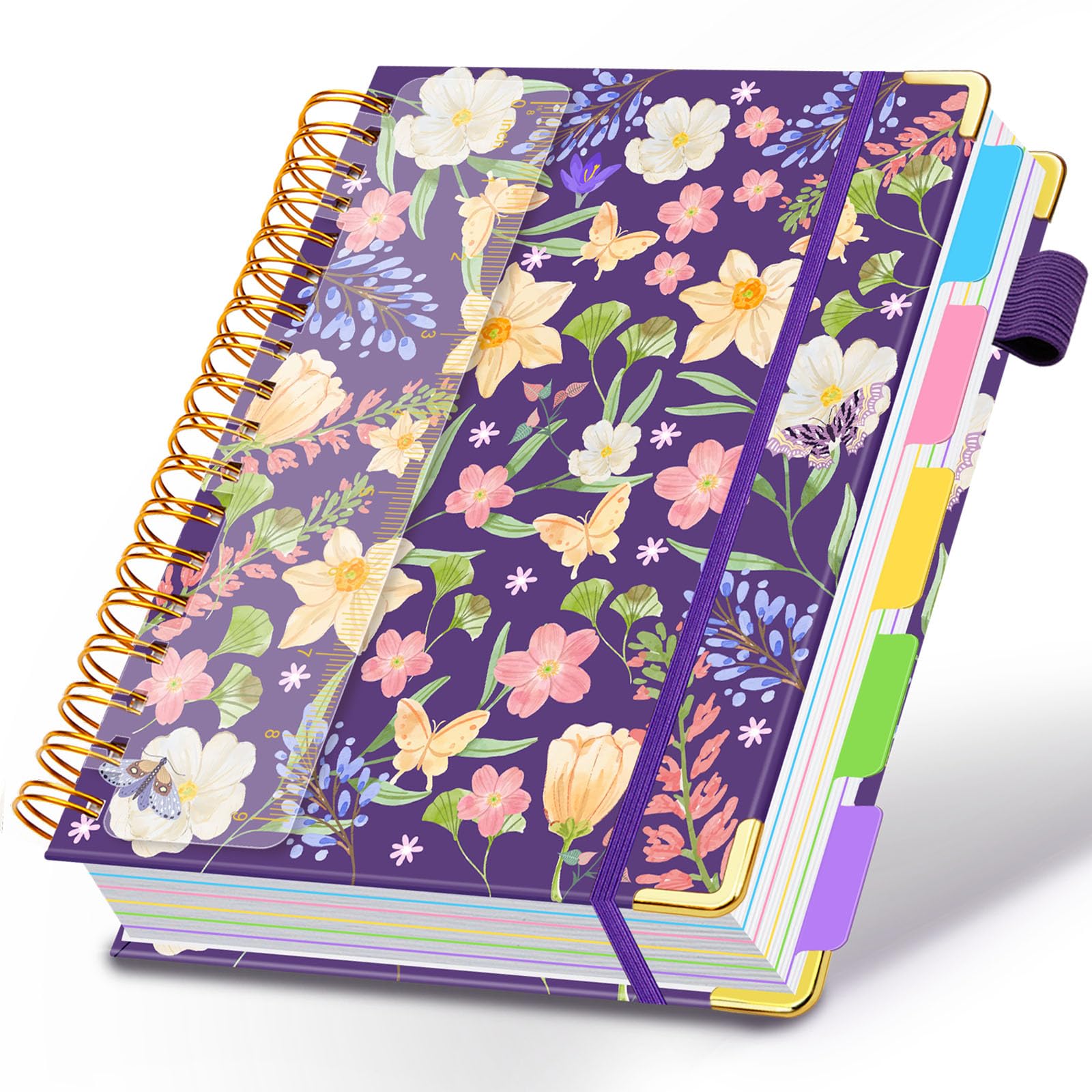 Spiral Journal Notebooks for Work, 300 Pages 5 Subject Notebook College Ruled with Dividers & Tabs, Notebook Journal for Women Students Note-Taking and Organizer (Purple Floral, B5(8"x10"))