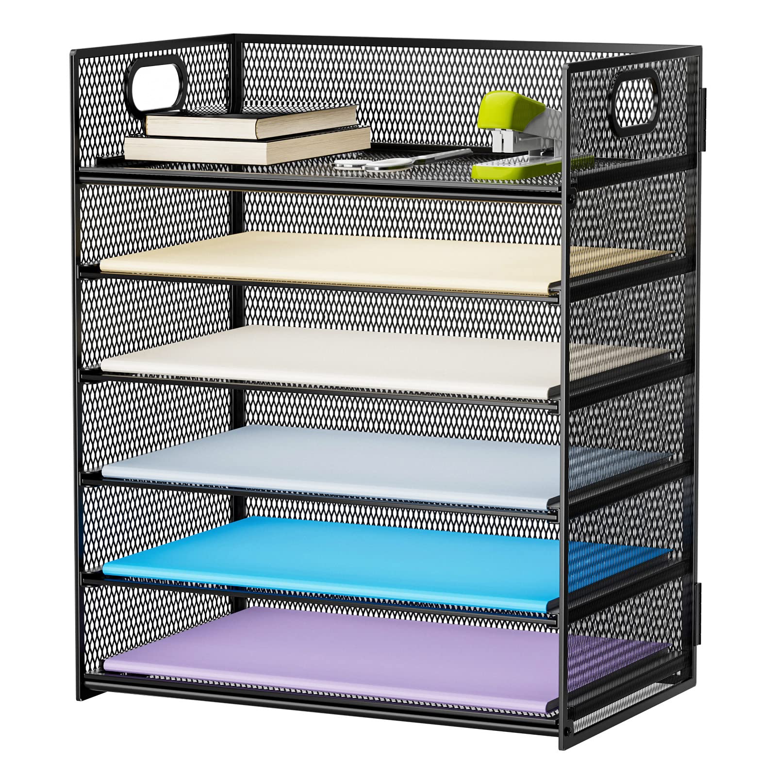 Marbrasse 6 Tier Desk Organizer, File Organizer with Handle, Mesh A4 Paper Organizer, Letter Tray for Office, Home or School (Black)