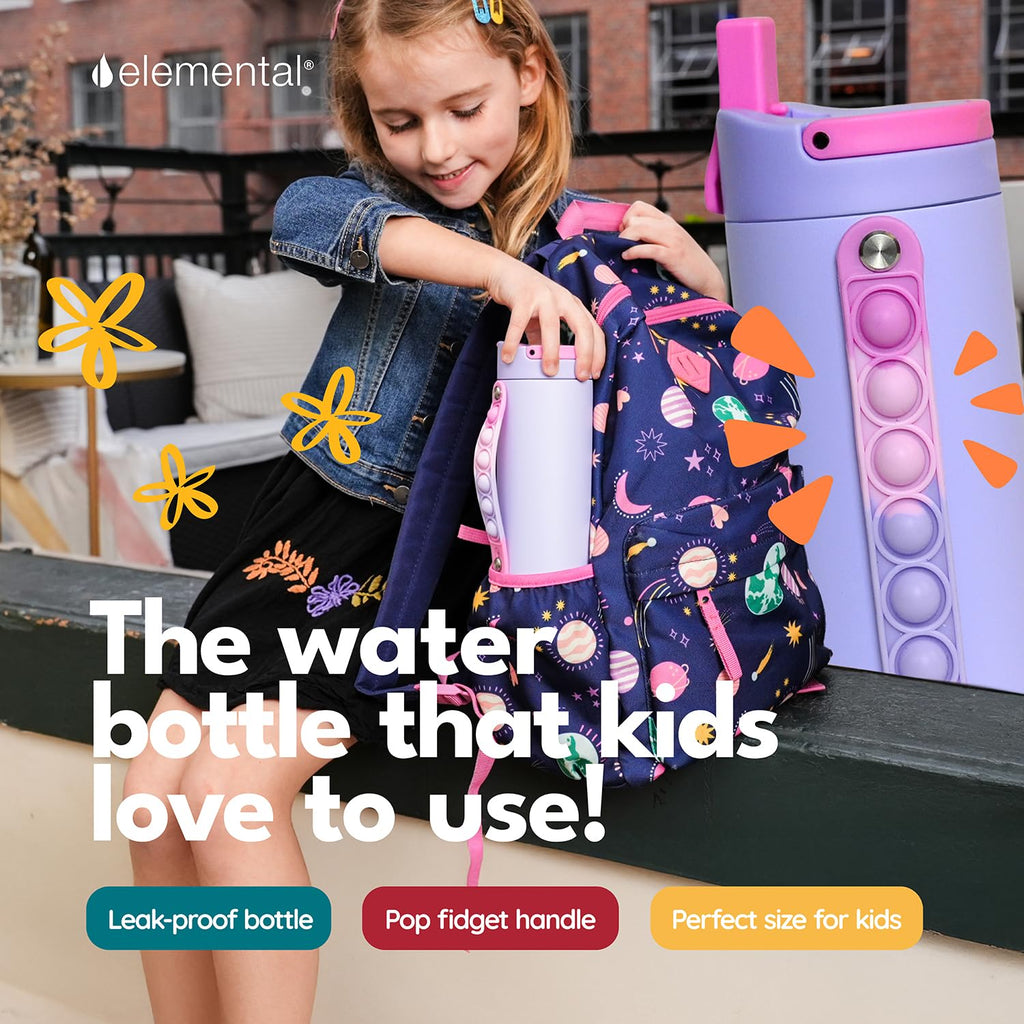 Elemental Iconic Kids Water Bottle for School - Leak-Proof Insulated Water Bottles with Straw Lid & Pop-It Handle for Boys & Girls - Triple Wall BPA-Free & Stainless Steel Bottle, 14oz - Lilac Tie Dye
