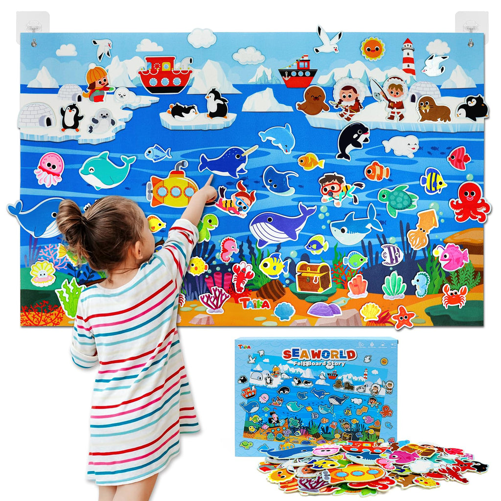 Taika 70 Pcs Ocean Creatures Felt Story Board Set, 43x28 inch Flannel Board, Fuzzy Felt Set, Preschool Storytelling, Classroom Educational Learning Play Kit, Interactive Teaching Kit for 4+