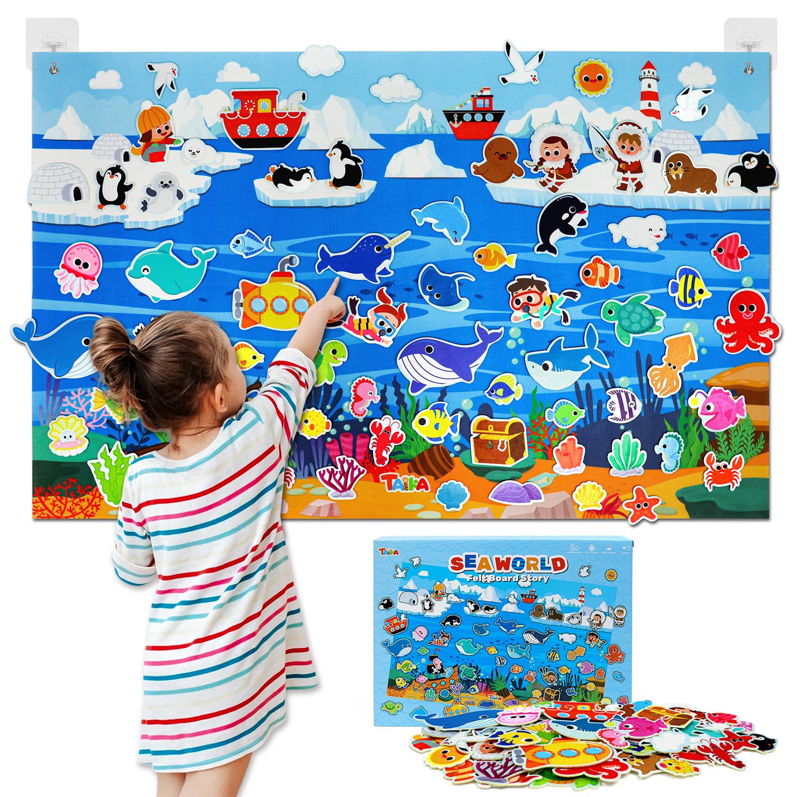 Taika 70 Pcs Ocean Creatures Felt Story Board Set, 43x28 inch Flannel Board, Fuzzy Felt Set, Preschool Storytelling, Classroom Educational Learning Play Kit, Interactive Teaching Kit for 4+