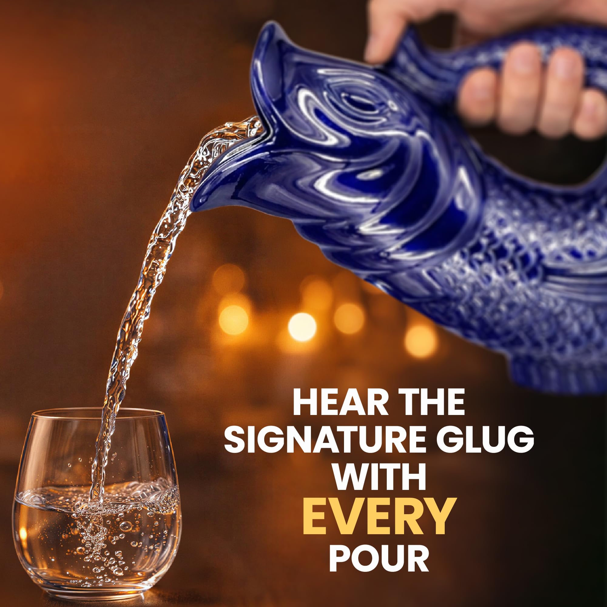 Glug Jug The Bubble Jug® Dark Cobalt Blue 50 fl oz 1.5L Litre Extra Large Gurgle Pitcher Jug Fish Shaped Decorative Ceramic Glugging Cocktail, Water and Gin Jug and Gurgling Carafe Pot