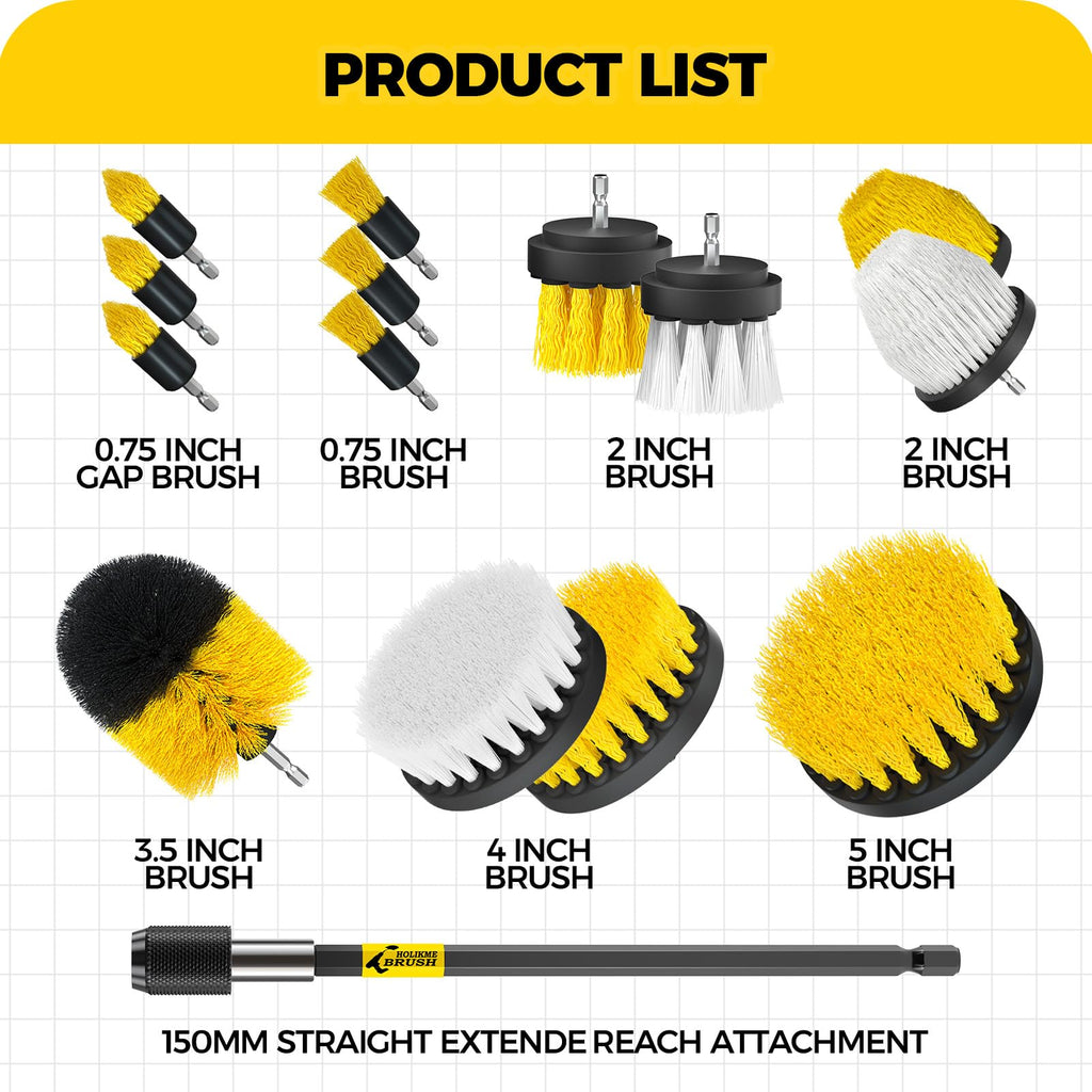 Holikme 15Piece Drill Brush Attachments Set, Power Scrubber Brush with Extend Long Attachment，Crevice Cleaning Brush，Scrub Brush，Bathroom Gap Brush，Grout，Tile, Kitchen