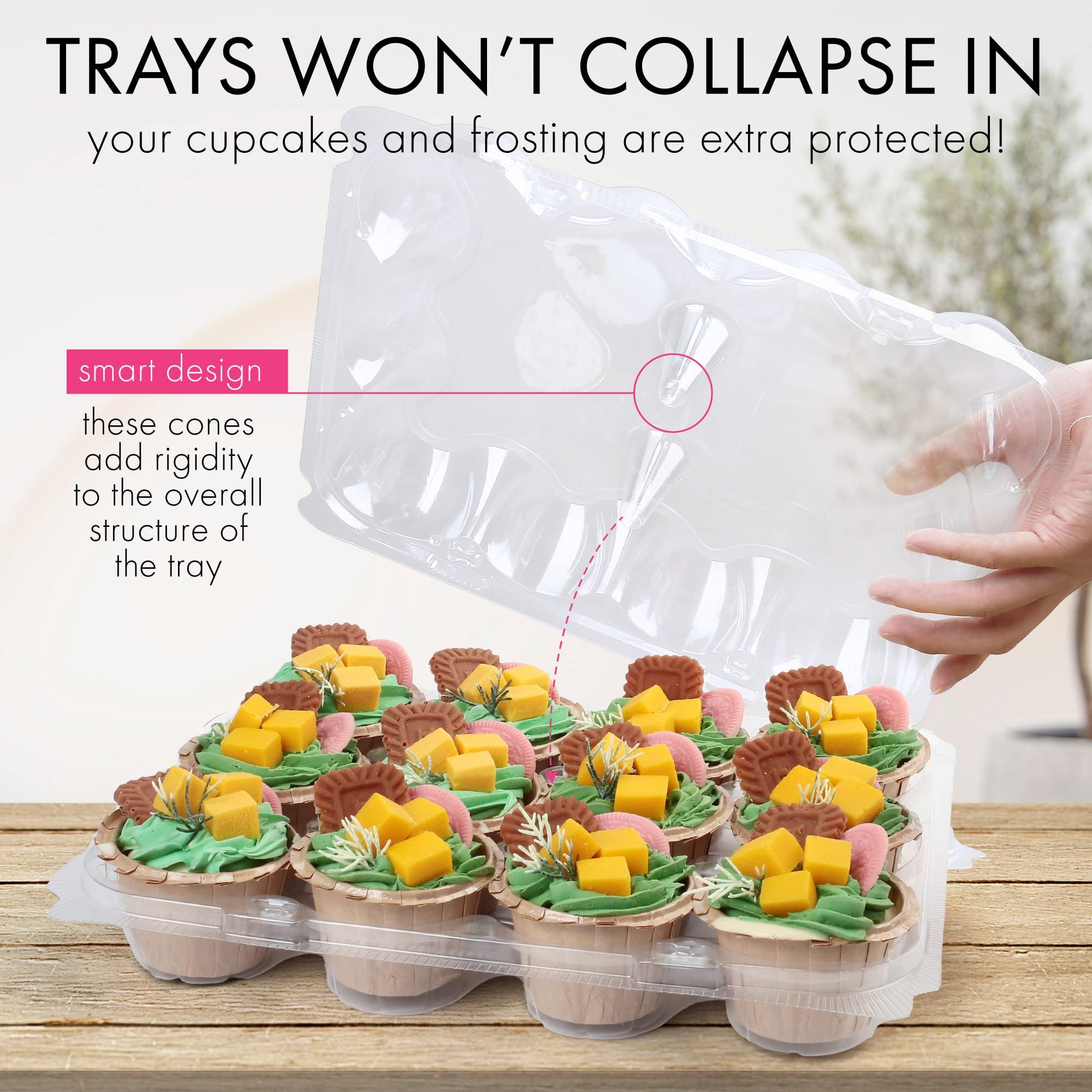 LotFancy Cupcake Containers 12 Count, 12 Sets, Plastic Cupcake Boxes Bulk, Cupcake Holder with Detachable Lid, Disposable Muffin Carrier, Standard Size