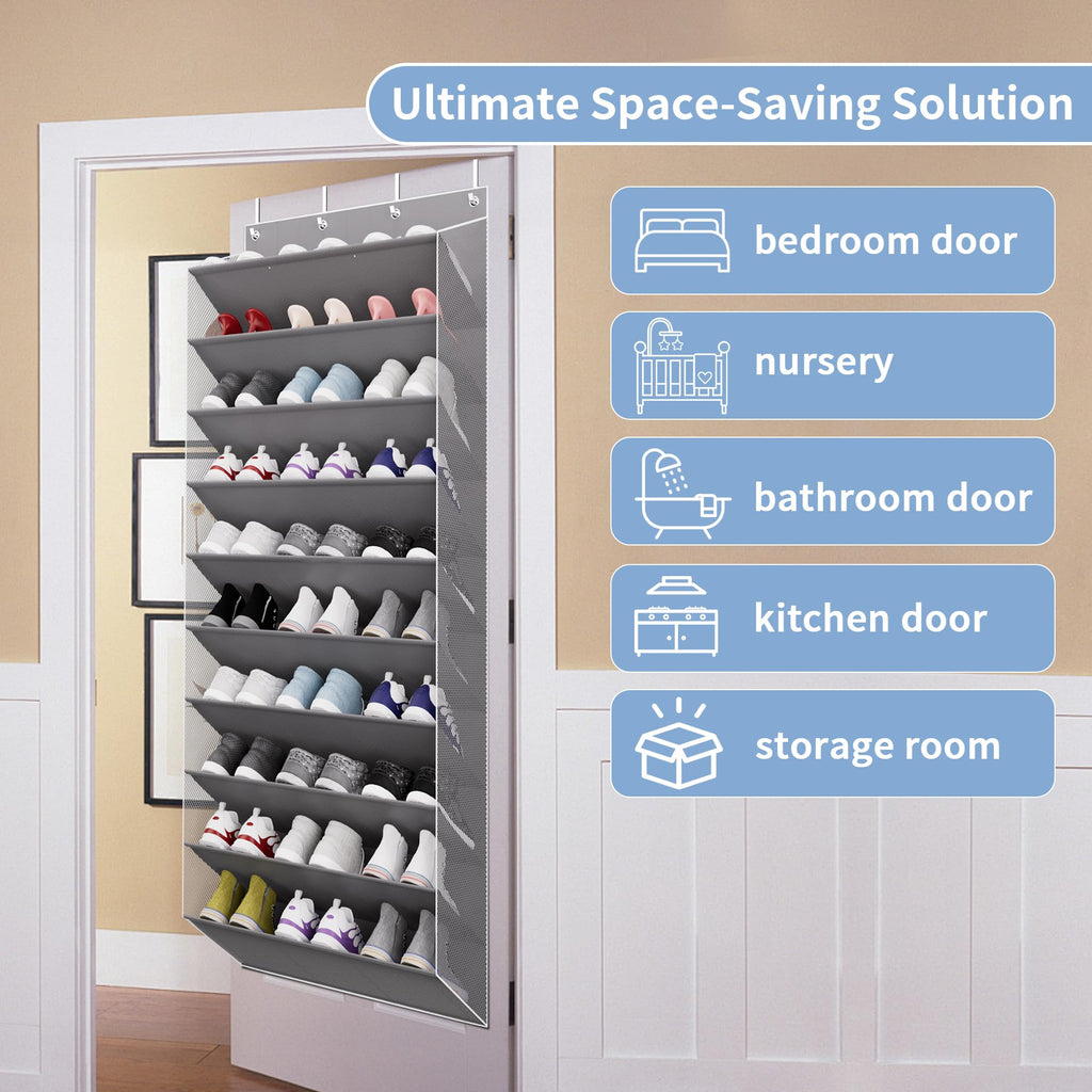 TAHAVICE 10-Tier Large Size Over The Door Shoe Organizer, Holds 30 PairsHanging Shoe Rack with Deep Pockets for Closet, Space-Saving Storage for Sneakers, Boots (Grey)