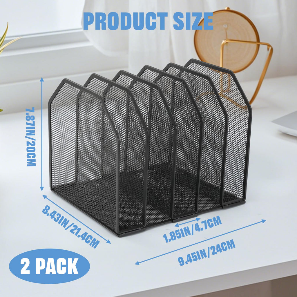 RUITENG 2 Pack Mesh File Sorter Organizer for Desktop, 5-Section Black Metal Vertical Desk File Organizer, Adjustable Upright Bookshelf File Holder Stand for Office Home Classroom Documents Books