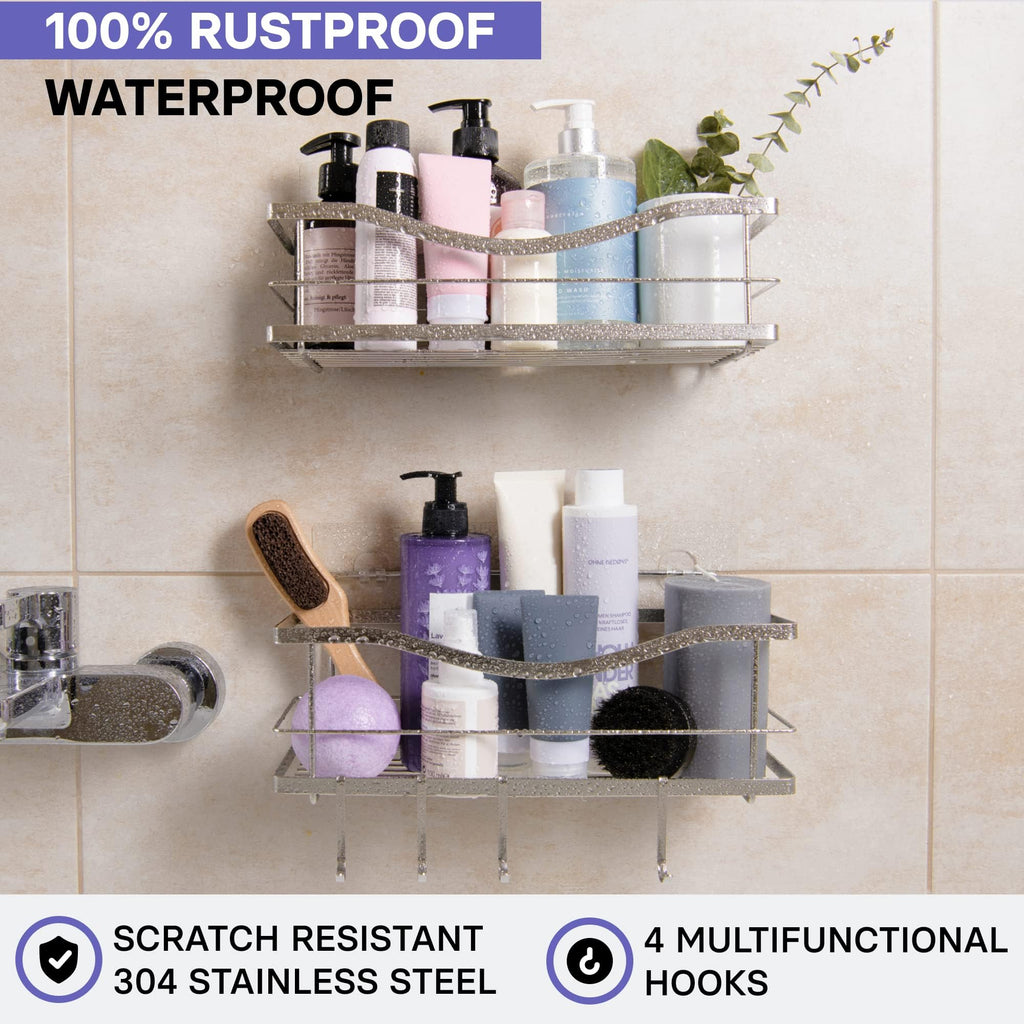 KINCMAX Premium Shower Caddy, Self Adhesive Wall Shower Organizer, 2-Pack No Drill Bathroom Shower Shelves for Inside Shower, Rustproof Stainless Steel Shampoo Holder, Shower Storage Rack, Silver