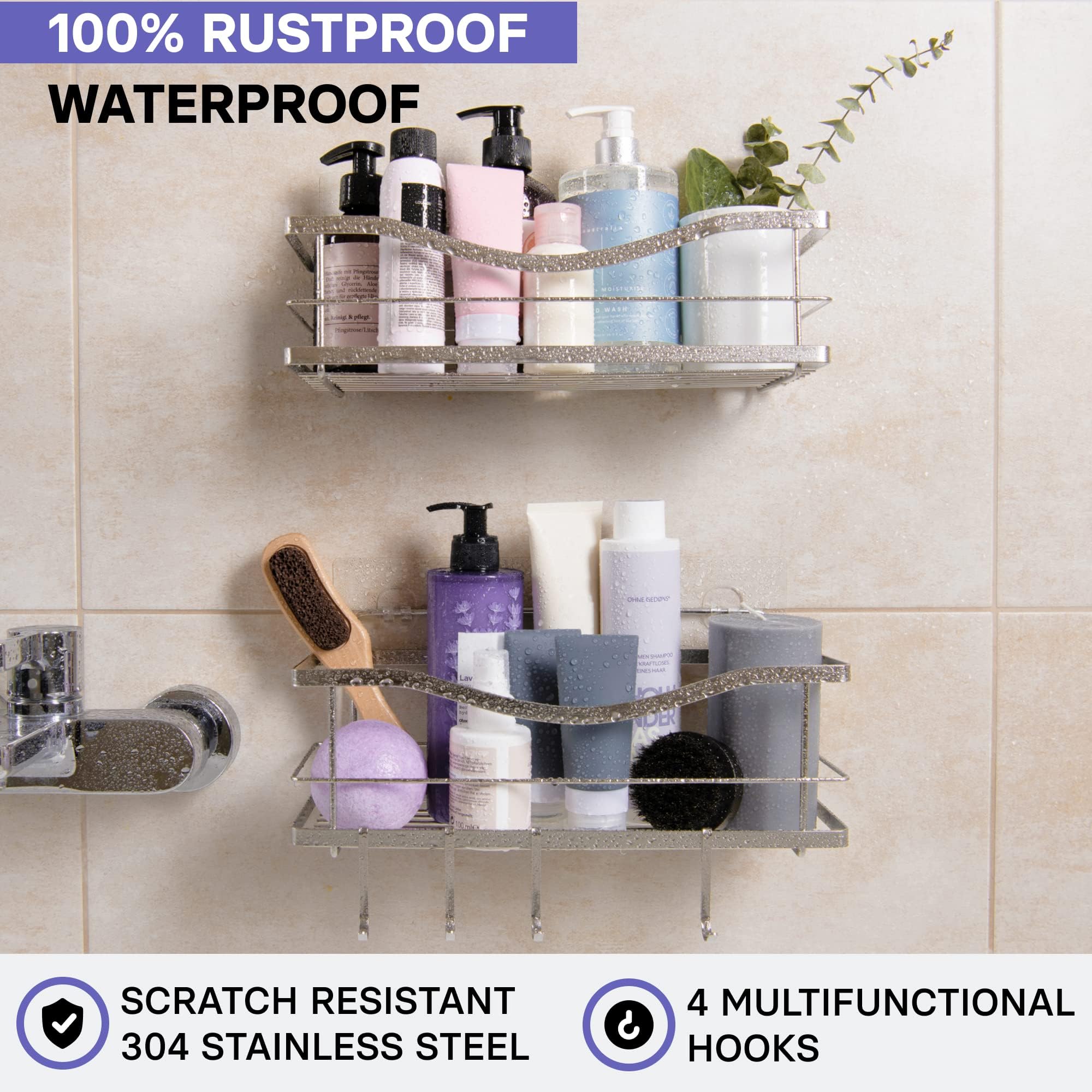 KINCMAX Premium Shower Caddy, Self Adhesive Wall Shower Organizer, 2-Pack No Drill Bathroom Shower Shelves for Inside Shower, Rustproof Stainless Steel Shampoo Holder, Shower Storage Rack, Silver