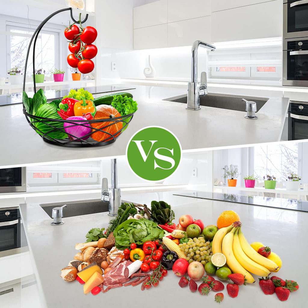 Fruit Bowl with Banana Hanger - Fruit Basket for Kitchen Counter with Holder - Black Chrome