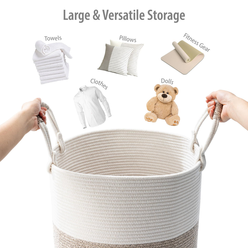 Kodomoore Laundry Basket Hamper – Woven Cotton Rope Nursery Hamper for Clothes, Blankets, Yoga Mat – Boho Basket for Living Room – 15”D x 18”H – White & Beige Brown