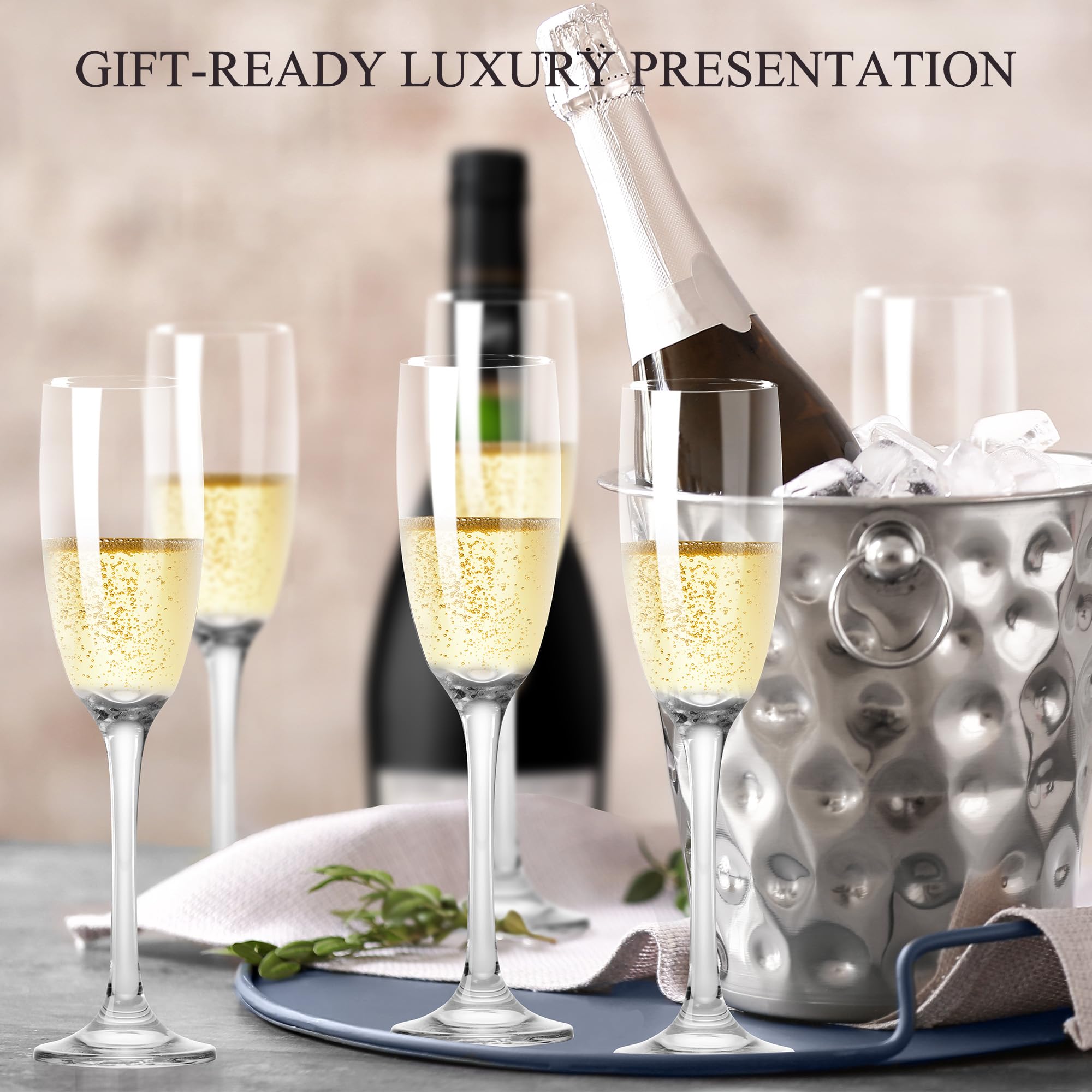 GLAZVIA Champagne Flutes Glasses Set of 6-6oz Elegant Crystal Glass, Classic Long Stem Clear Champagne Flute Gift for Wedding, Anniversaries, Parties, Birthday, Restaurant, Home Bar