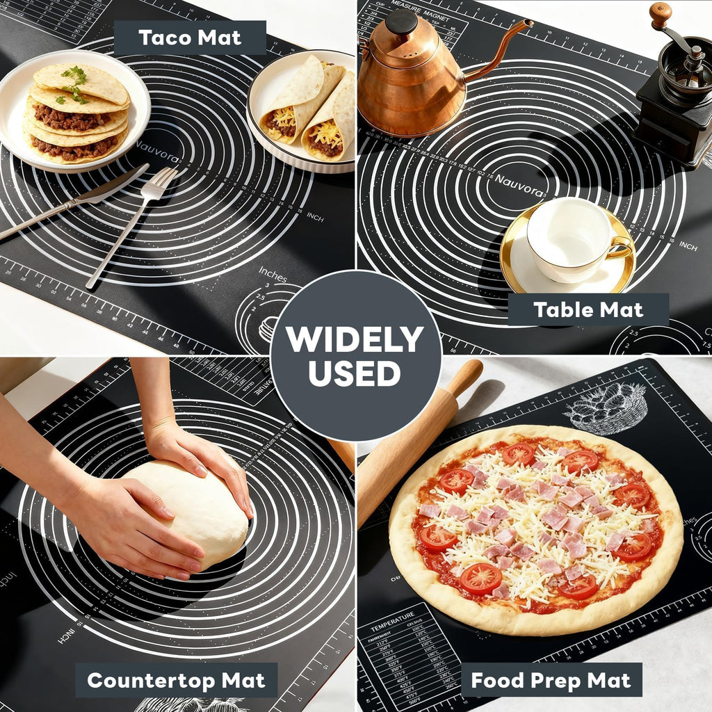 Nauvora Extra Large Baking Mat - 28" Silicone Pastry Mat, Reusable Non-Stick Dough Mat with Measurement for Fondant, Rolling Dough, Pie Crust, Pizza and Cookies, Black