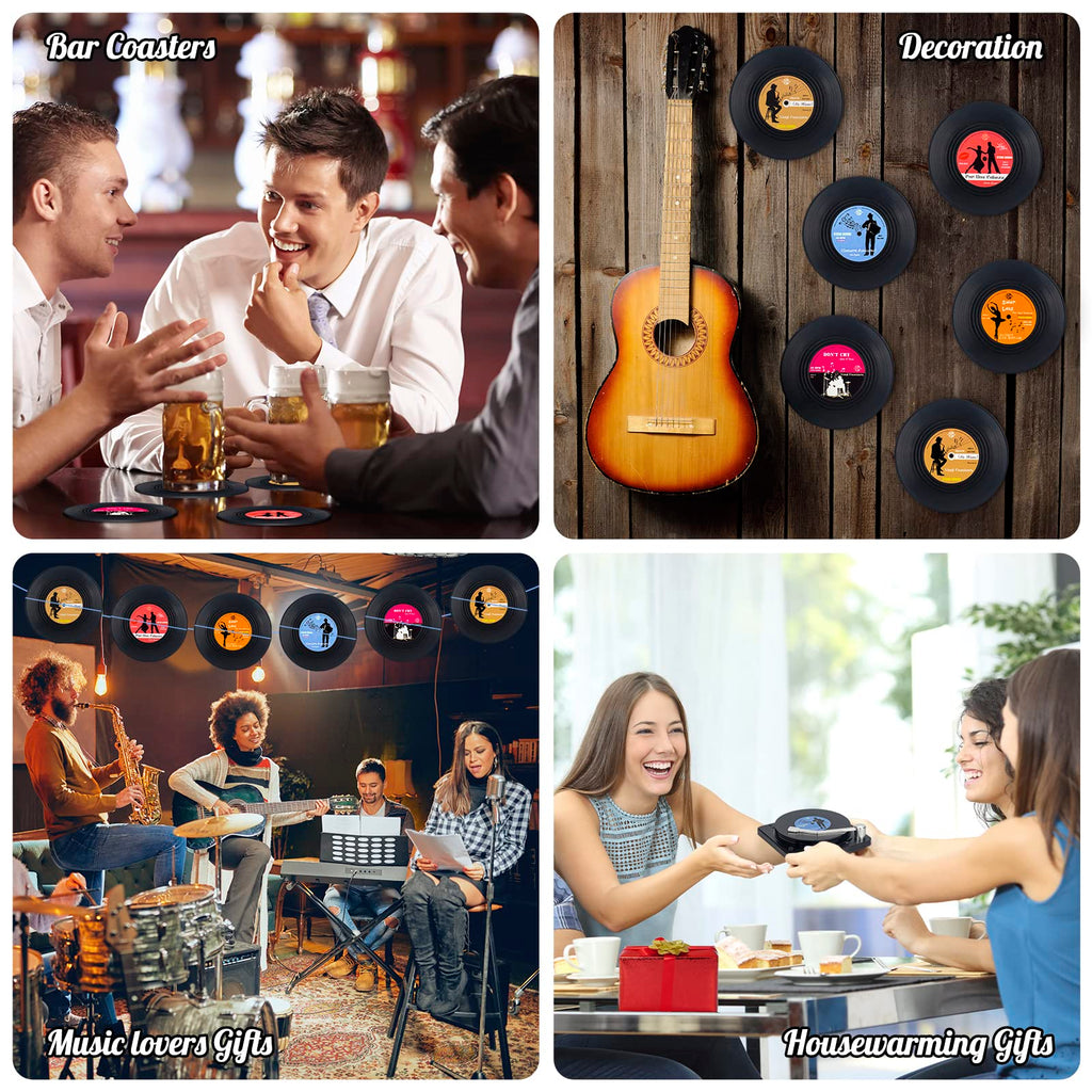 Valdivia Funny Retro Vinyl Record Coasters with Player, 6 Pcs Music Coasters for Drinks, Bars, Cafes, Office, Birthday Gifts for Music Lovers, Home Decor Housewarming and White Elephant Gifts Ideas