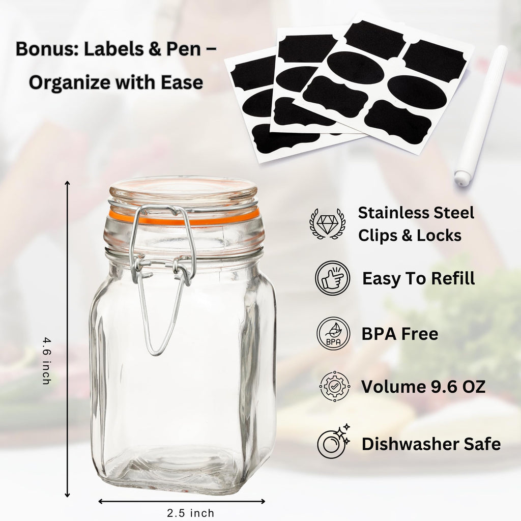 Gala Houseware Airtight Clear Glass Jars with Bail and Trigger Latch Seal Dishwasher Safe, Set of 6, Volume 9.6 oz, Perfect for Home Canning, Pickling, Preserving, and Reusable food storage