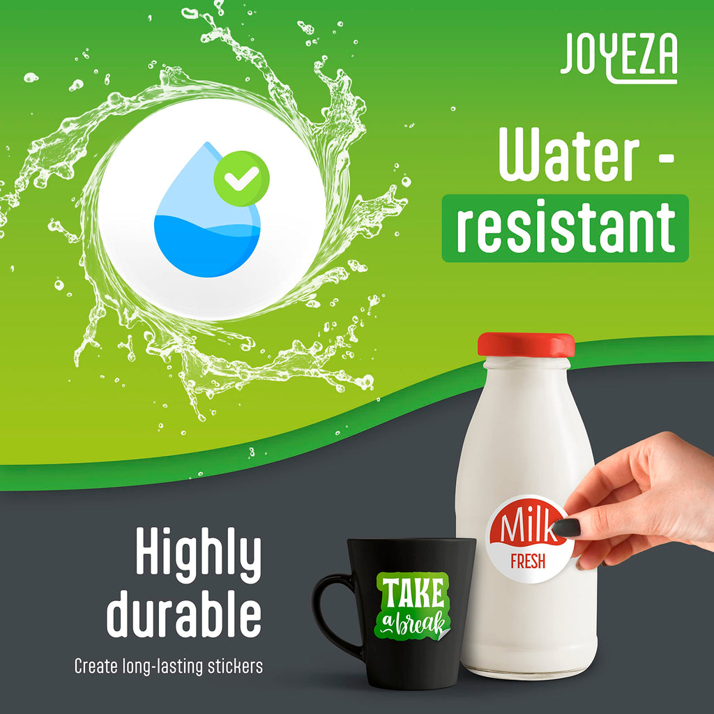 JOYEZA Premium Printable Vinyl Sticker Paper for Inkjet Printer - 25 Sheets Matte White Waterproof, Dries Quickly Vivid Colors, Holds Ink Well- Tear Resistant - Inkjet & Laser Printer