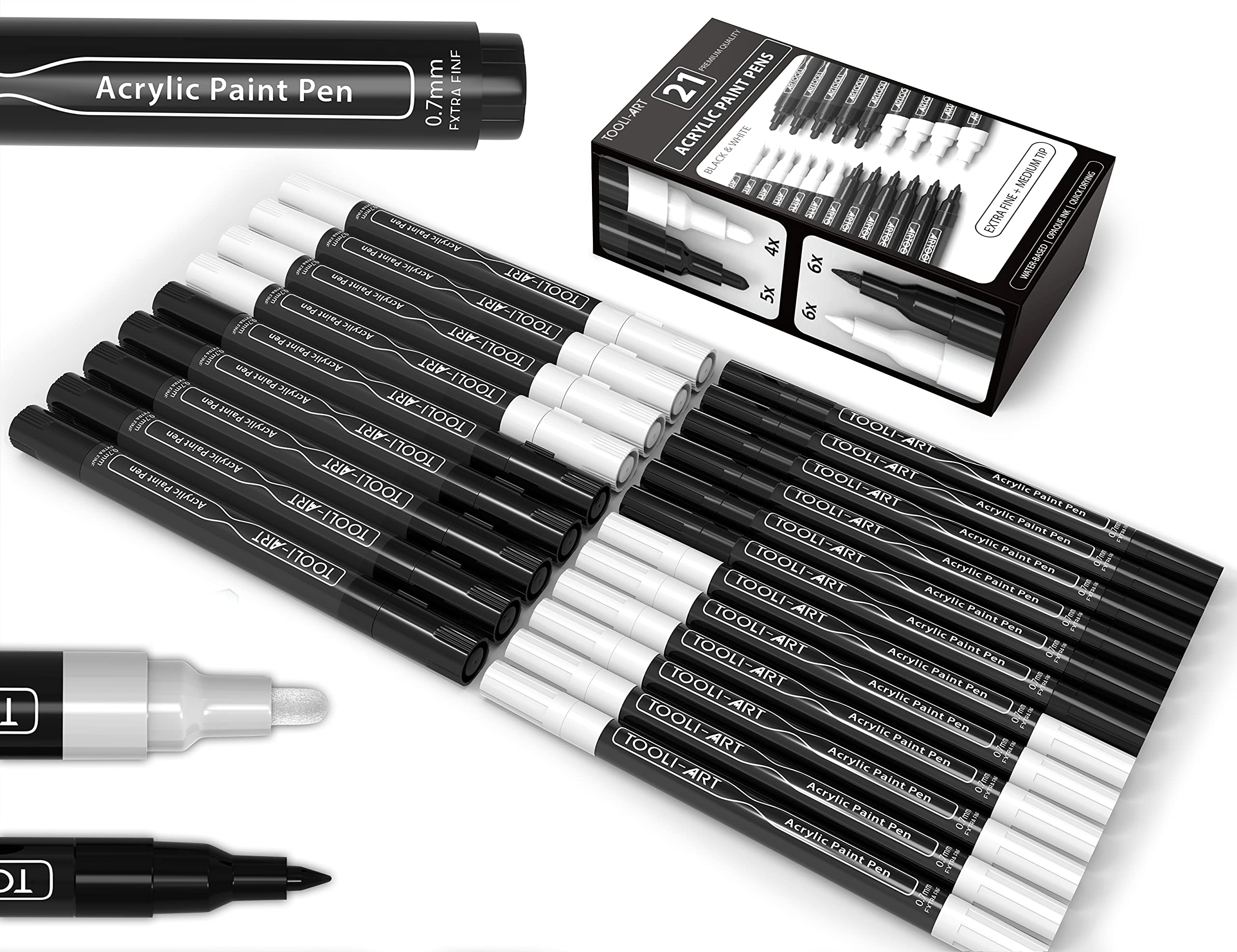 TOOLI-ART Black And White Acrylic Paint Markers Paint Pens Set For Rock Painting, Canvas, Mugs, Metal, Glass Paint, Fabric, Wood, DIY. Non Toxic, Quick Dry,Waterbas (EXTRA FINE & MEDIUM)