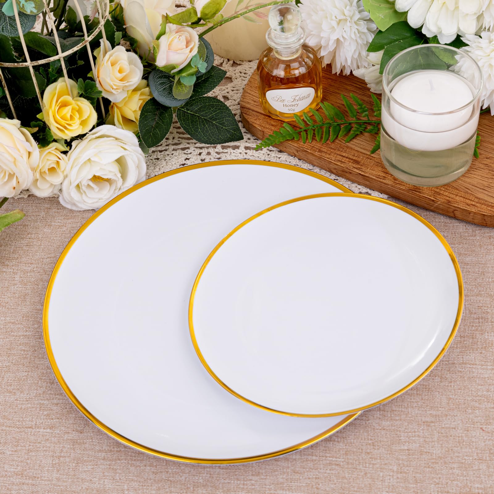 LIYH 60 Pcs Gold Plastic Plates Disposable - White Plastic Plates for Party/Weddings Include 30 White Gold Rim Dinner Plate 10.25" & 30 Dessert Plate 7.5 "