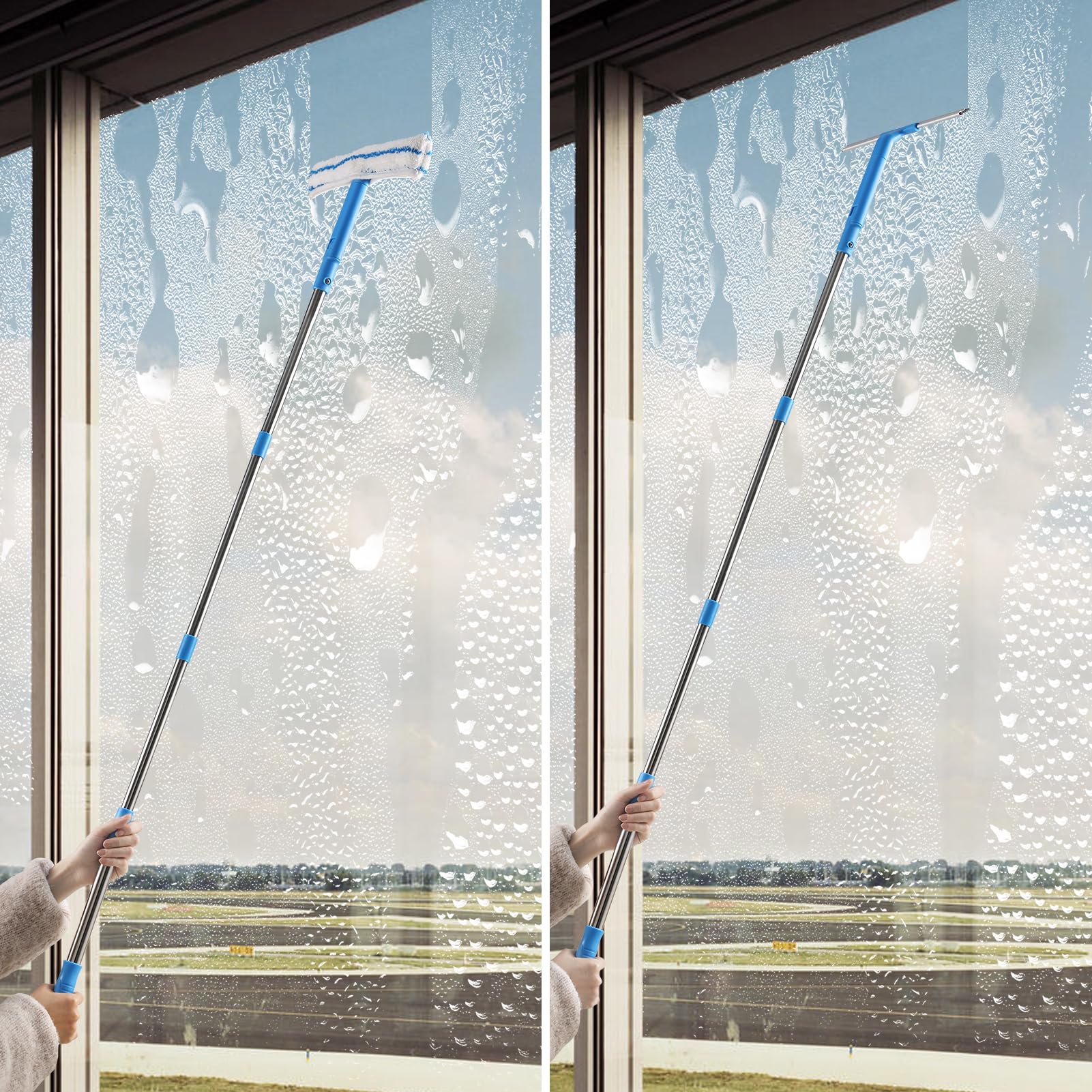 Mitclear Window Cleaner with Long Handle(57IN), Glass Cleaning Tools with Silicone Squeegee & Microfiber Scrubber, Window Cleaning Kit for Shower Glass Mirror Door Car