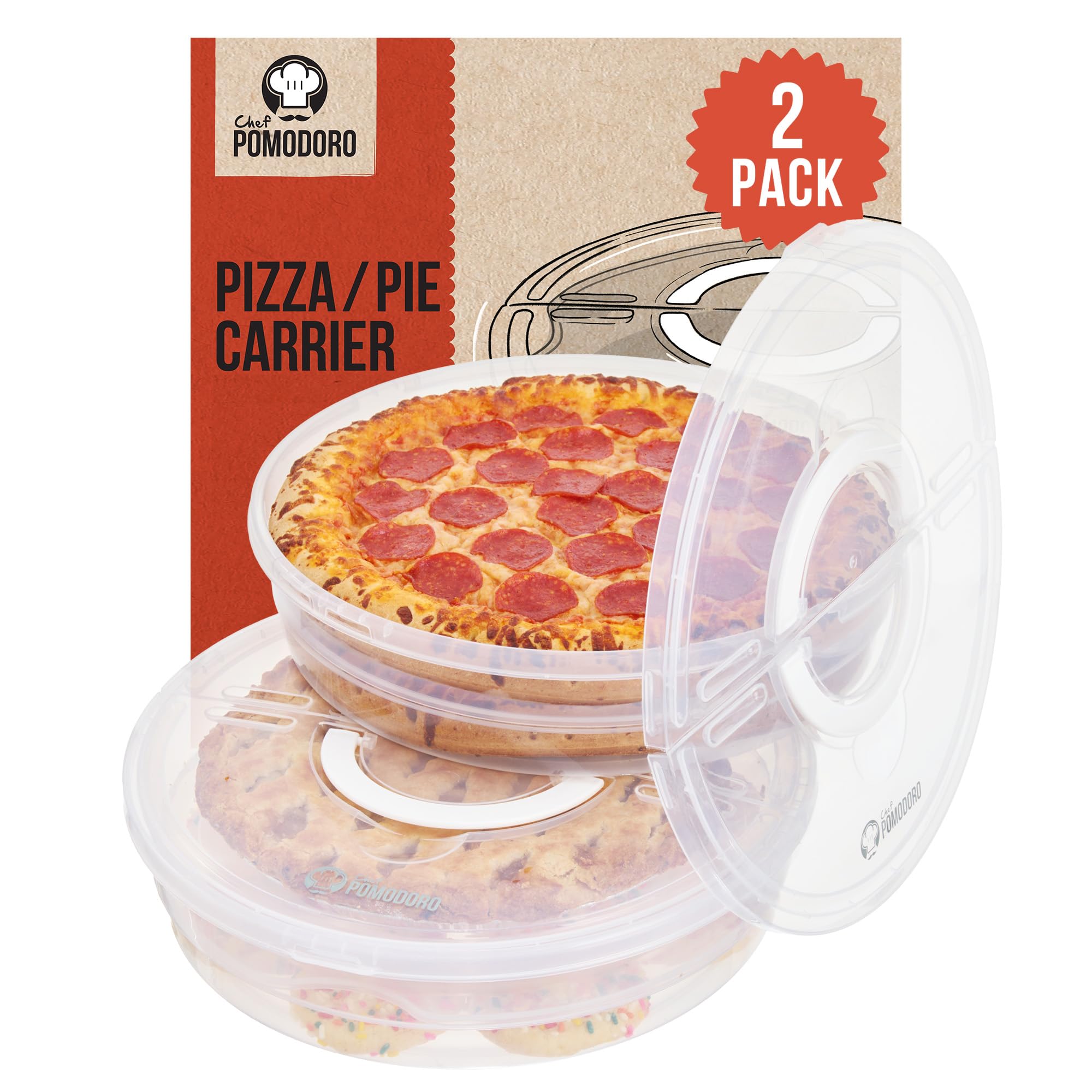 Chef Pomodoro Pie Carrier for 2 Pies 12-Inch, Multi Pie Carrier With Lid and Handle, Pizza Holder With Lid, Reusable Pizza Storage Container for Transport, Stackable Food Keeper, Dough Box, 2 Pack