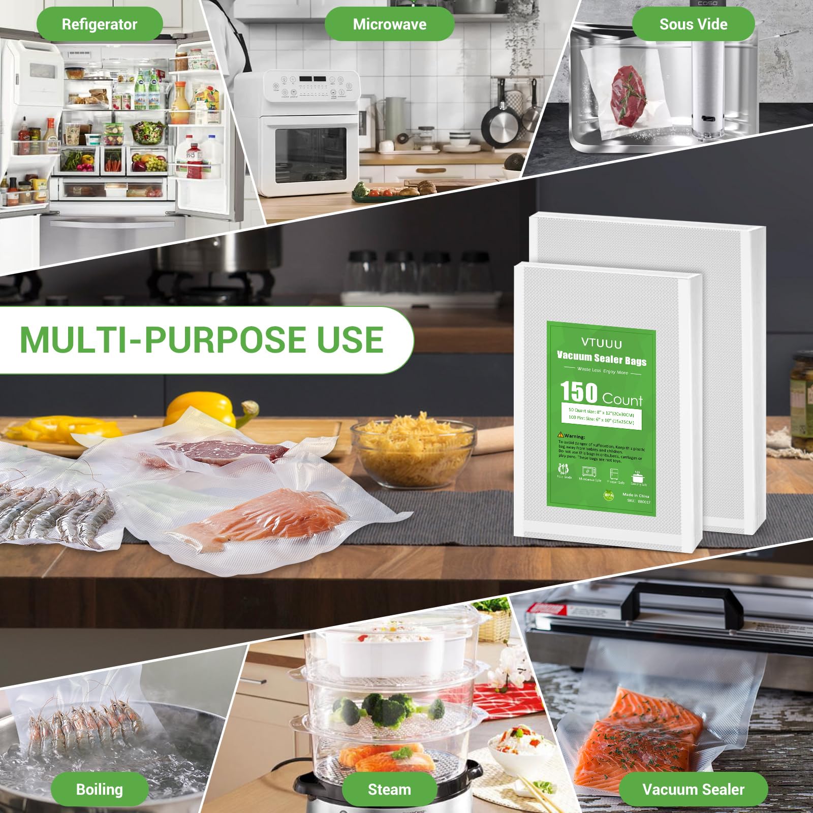 Vacuum Sealer Bags 100 Size Pint 6" x 10" and 50 Quart size 8" x 12" for Food Saver Vacuum Sealer Bags Commercial Grade Food Saver bags- BPA-Free -Heavy Duty-VTUUU