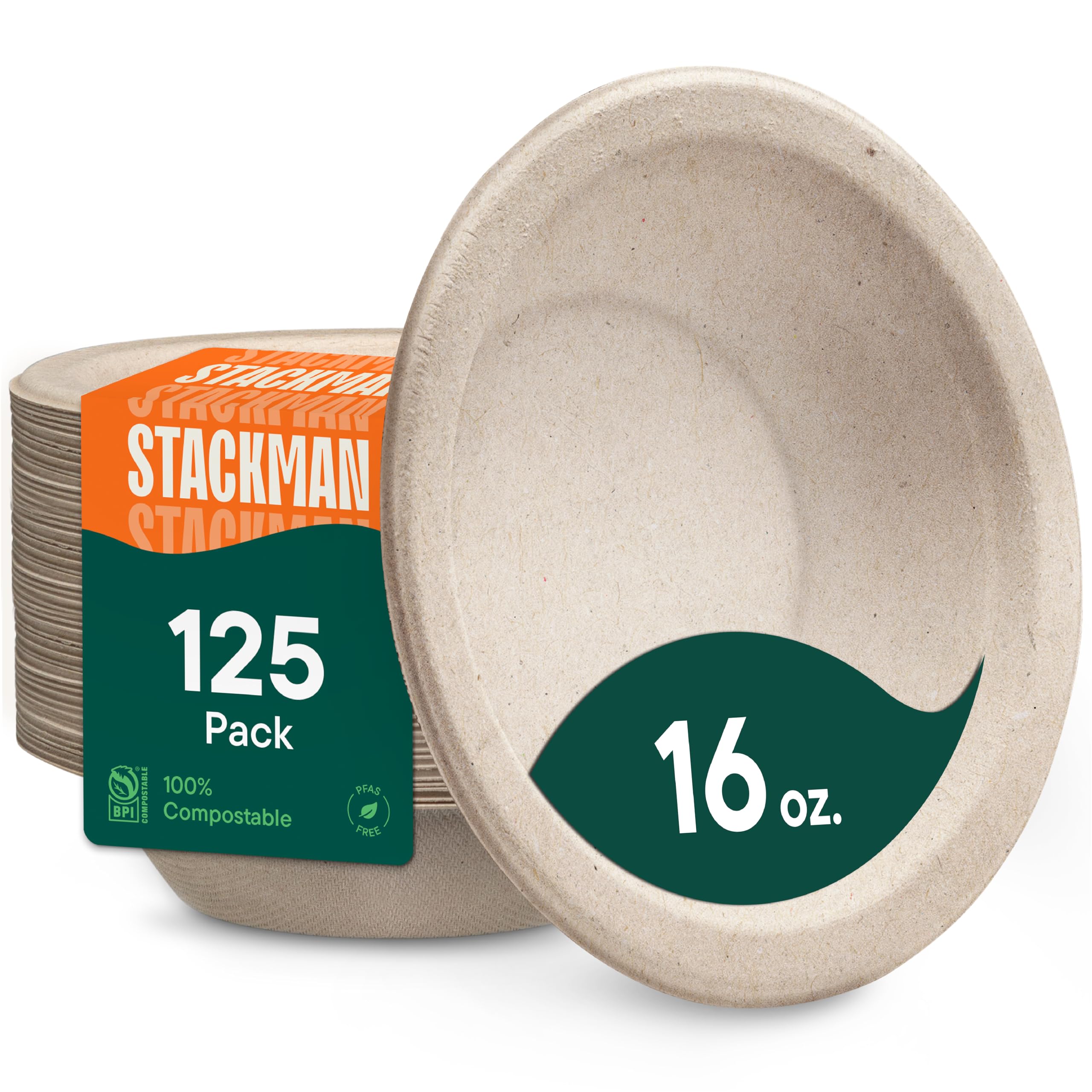 100% Compostable 16 oz. Paper Bowls [125-Pack] Heavy-Duty Disposable, Bulk Pack, Eco-Friendly Natural Unbleached Bagasse, Hot or Cold Use, Biodegradable Made of Sugar Cane Fibers