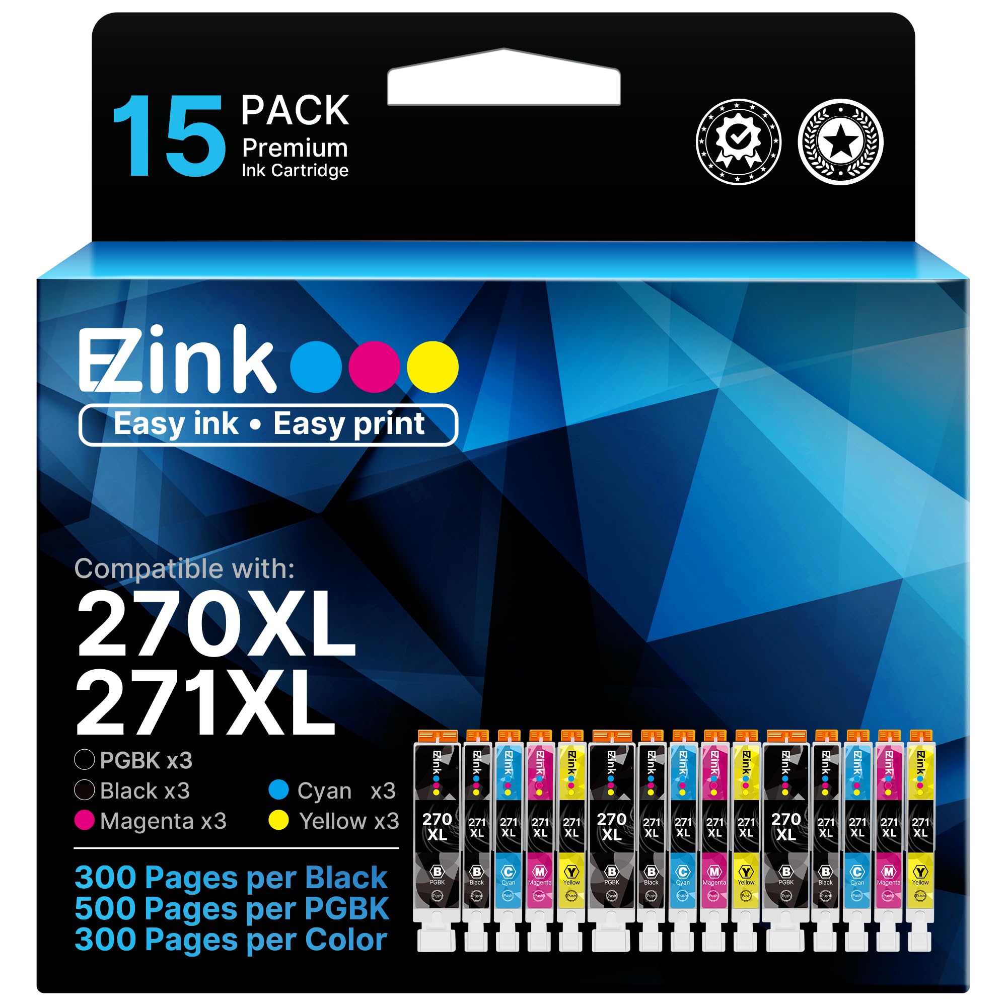 15 Pack 270 XL E-Z Ink (TM) Compatible Ink Cartridge Replacement for Canon PGI-270XL CLI-271XL PGI270 CLI271 for Canon PIXMA MG6820 MG5720 (3 Large Black, 3 Small Black, 3 Cyan, 3 Magenta, 3 Yellow)