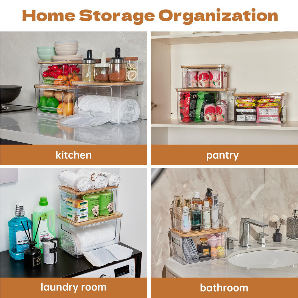 2 Pack Garbage Bag Holder with Bamboo Lid, Stackable Trash Bag Dispenser, Clear Under Sink Organizer for Kitchen, Pantry, Laundry Organization, Under-Sink