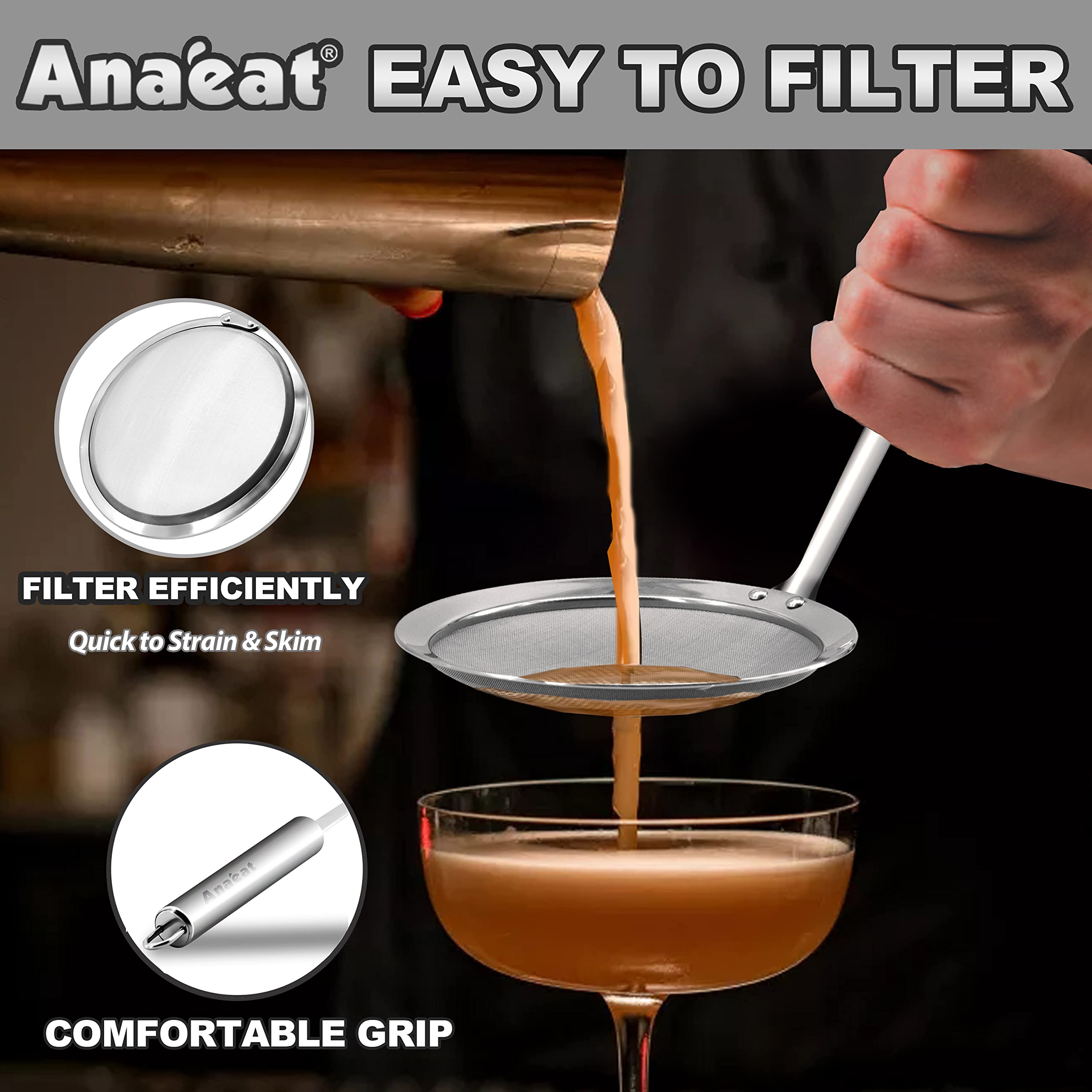 Anaeat Stainless Steel Fat Skimmer Spoon - Set of 3 Professional Kitchen Fine Mesh Food Strainer and Hot Pot Skimmer with Long Handle for Skimming, Cooking, Frying, Grease, Gravy and Foam (3"+4"+4.7")