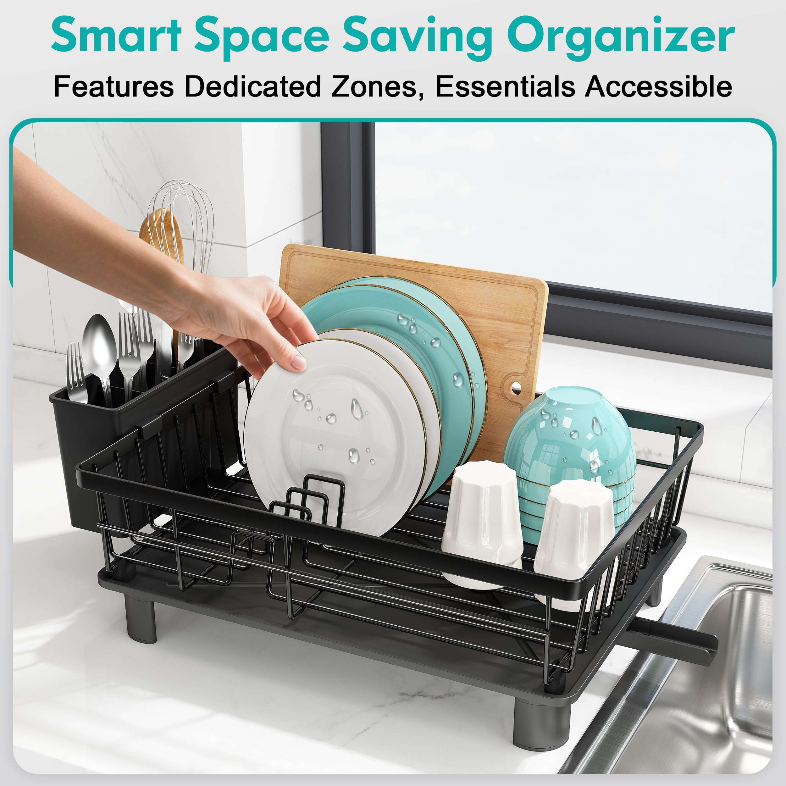 MAJALiS Stainless Steel Dish Drying Rack with Drain Board for Kitchen Counter, Rust Proof Small Dish Drainer with Drainage, Black Iron Dish Storage Organizer, Cutlery Holder and Extra Dryer Tray