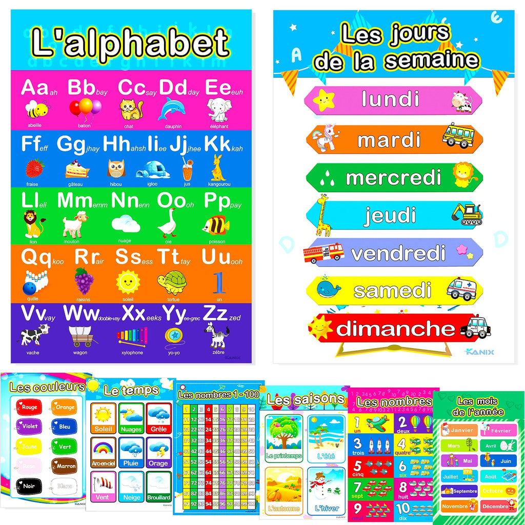 8 French Educational Preschool Posters Alphabet Numbers Colours Months Seasons Shapes Weather Days Weeks for Toddlers Kids Nursery Homeschool Kindergarten School Classrooms ABC kid Affiches éducatives en français canadien(11 x 17 in.)