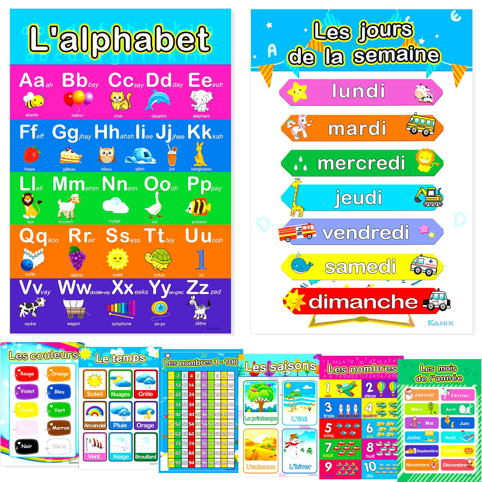 8 French Educational Preschool Posters Alphabet Numbers Colours Months Seasons Shapes Weather Days Weeks for Toddlers Kids Nursery Homeschool Kindergarten School Classrooms ABC kid Affiches éducatives en français canadien(11 x 17 in.)