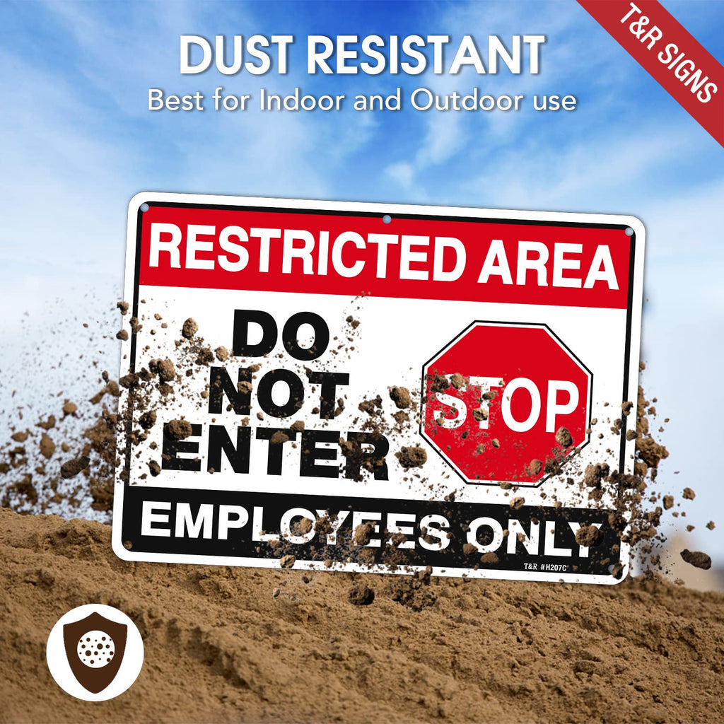 T&R Large Restricted Area Do Not Enter Employees Only Sign - 2 Pack - 14 x 10 Inches Rust Free .040 Aluminum - UV Protected, Waterproof, Weatherproof and Fade Resistant - 6 Pre-drilled Holes