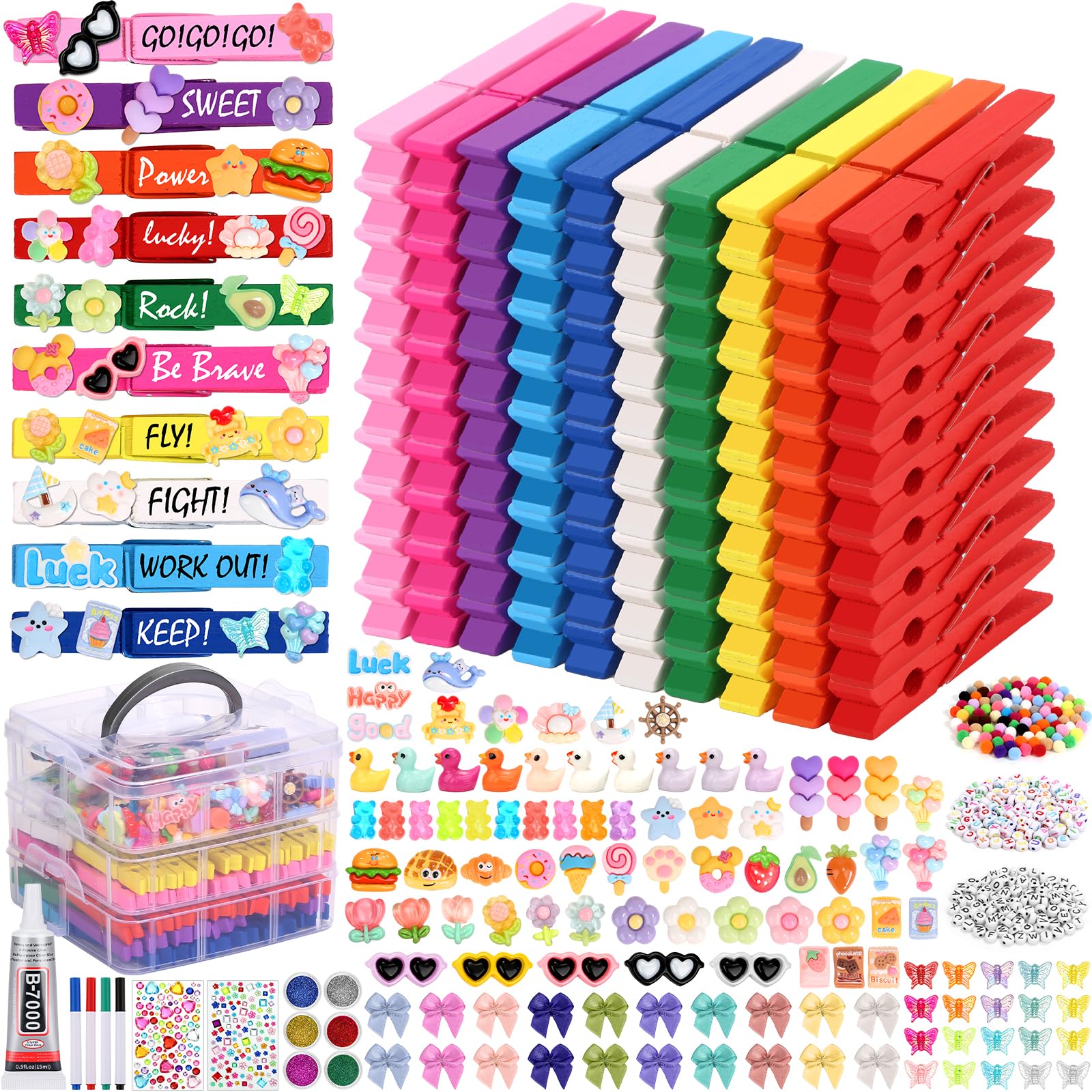 Cheer Pins Spirit Clips,100 Colored Clothes Wooden Pins, 112 Mini Resin Charms Bows Sticker, 300 Beads Pompoms Cheer Clothespins Decor, Pin Making Kit for Ribbon Team Classroom Cheerleader Gifts