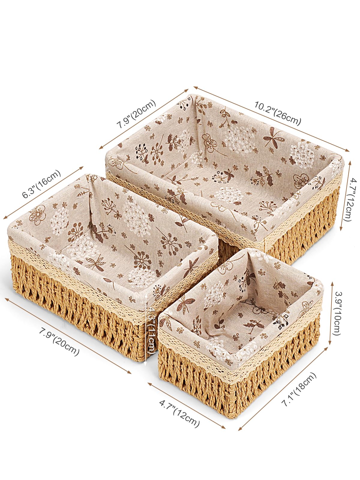 Amaredom Floral Wicker Baskets, Handwoven Multi-size 3-Pack Storage Baskets Set, Perfect For Home Organizing, Storage and Décor - Beige