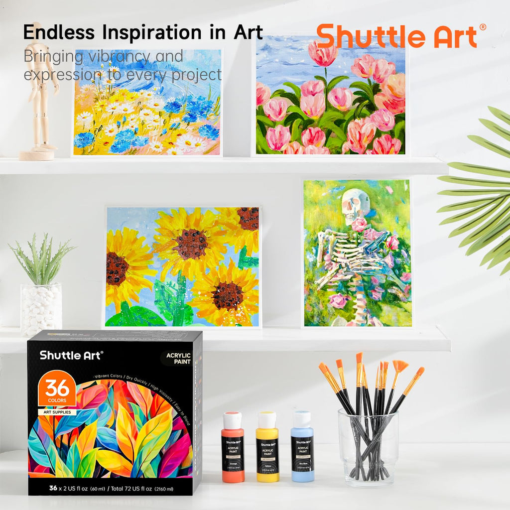Shuttle Art Acrylic Paint Set, 36 Colors Acrylic Paint (2oz/Bottle) with Brushes & Palette, Rich Pigments Non-toxic Paint for Artists & Adults, Art Supplies for Canvas Rock Ceramic Wood Painting