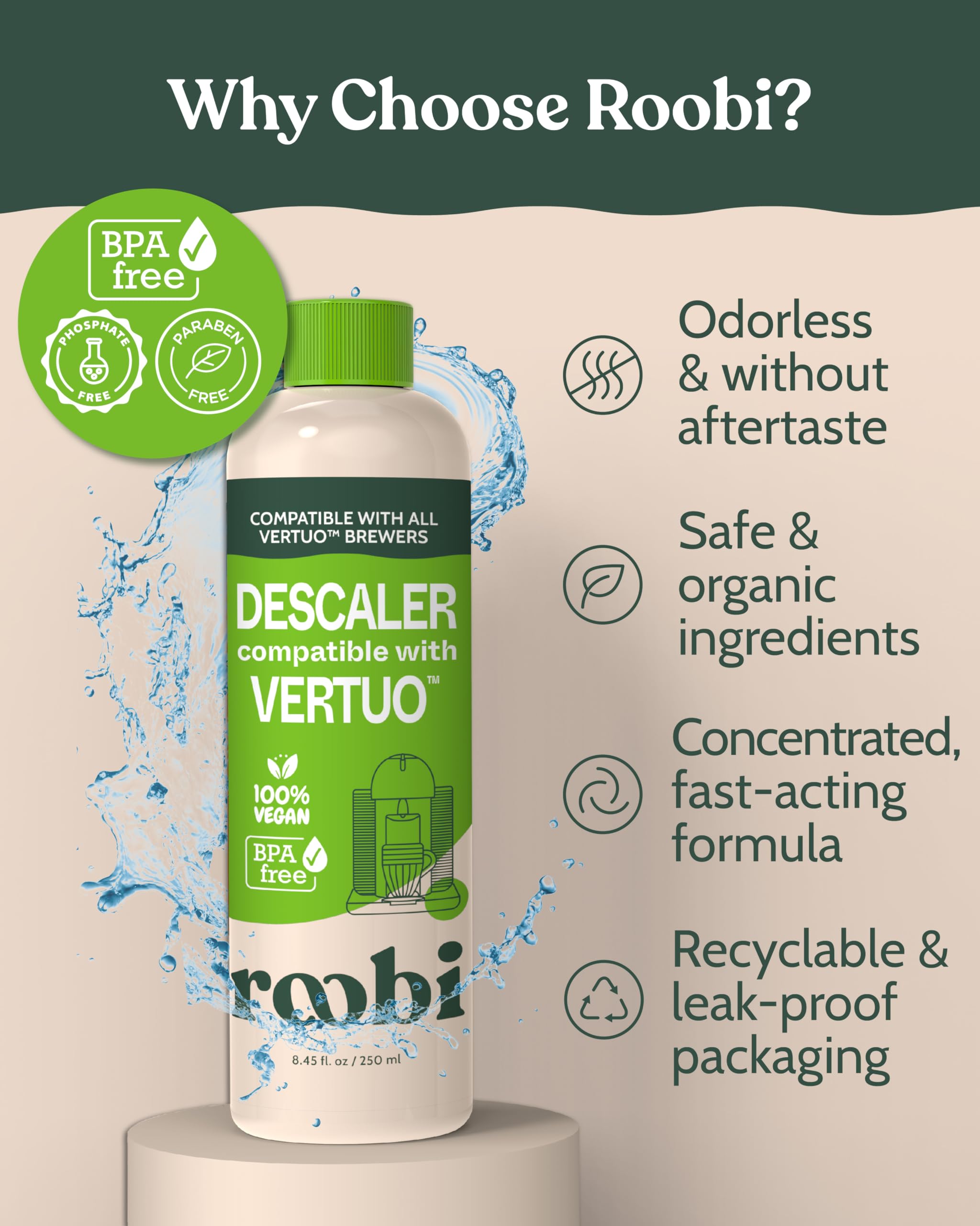 Roobi Descaling Solution Compatible Nespresso Vertuo Eco-Friendly Formula to Clean & Descale Your Nespresso Vertuoline Machine. 2 Uses per Bottle, 2 Pack. Carbon Neutral Descaling Kit.