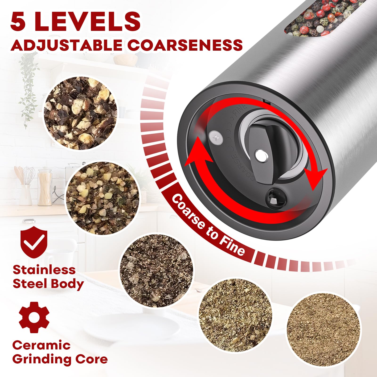 Electric Salt and Pepper Grinder Set: Automatic Rechargeable Salt and Pepper Shakers with USB Charging Base, Adjustable Coarseness, 110ml Large Capacity, Stainless Steel Pepper Grinder for Kitchen