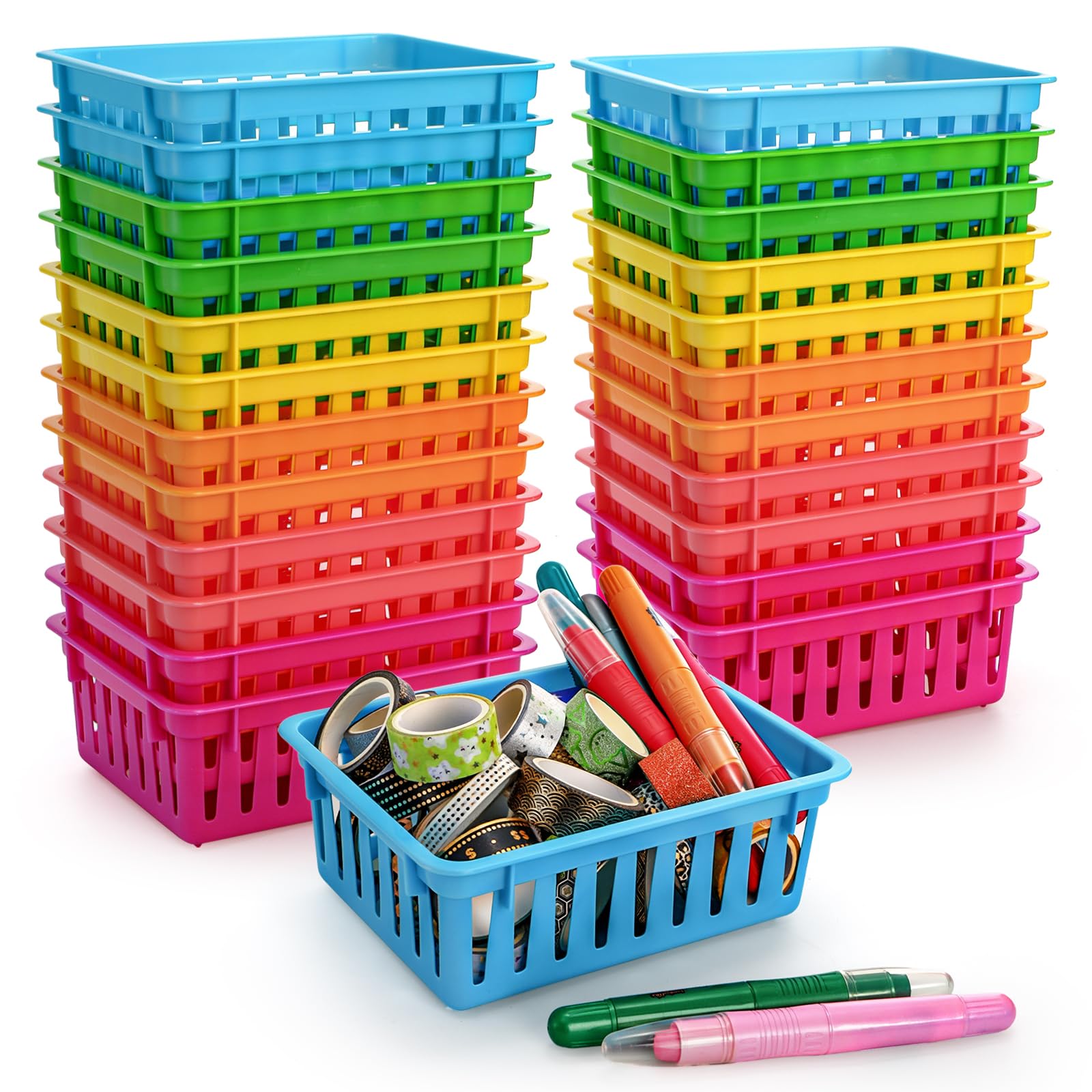 DEAYOU 24 Pack Classroom Storage Baskets, Small Plastic Baskets for Organizing, Colorful Storage Trays, Crayon Pencil Containers Organizer Bins for Desk, Drawer, Home, Office, 6.1"L x 4.7"W x 2.4"H