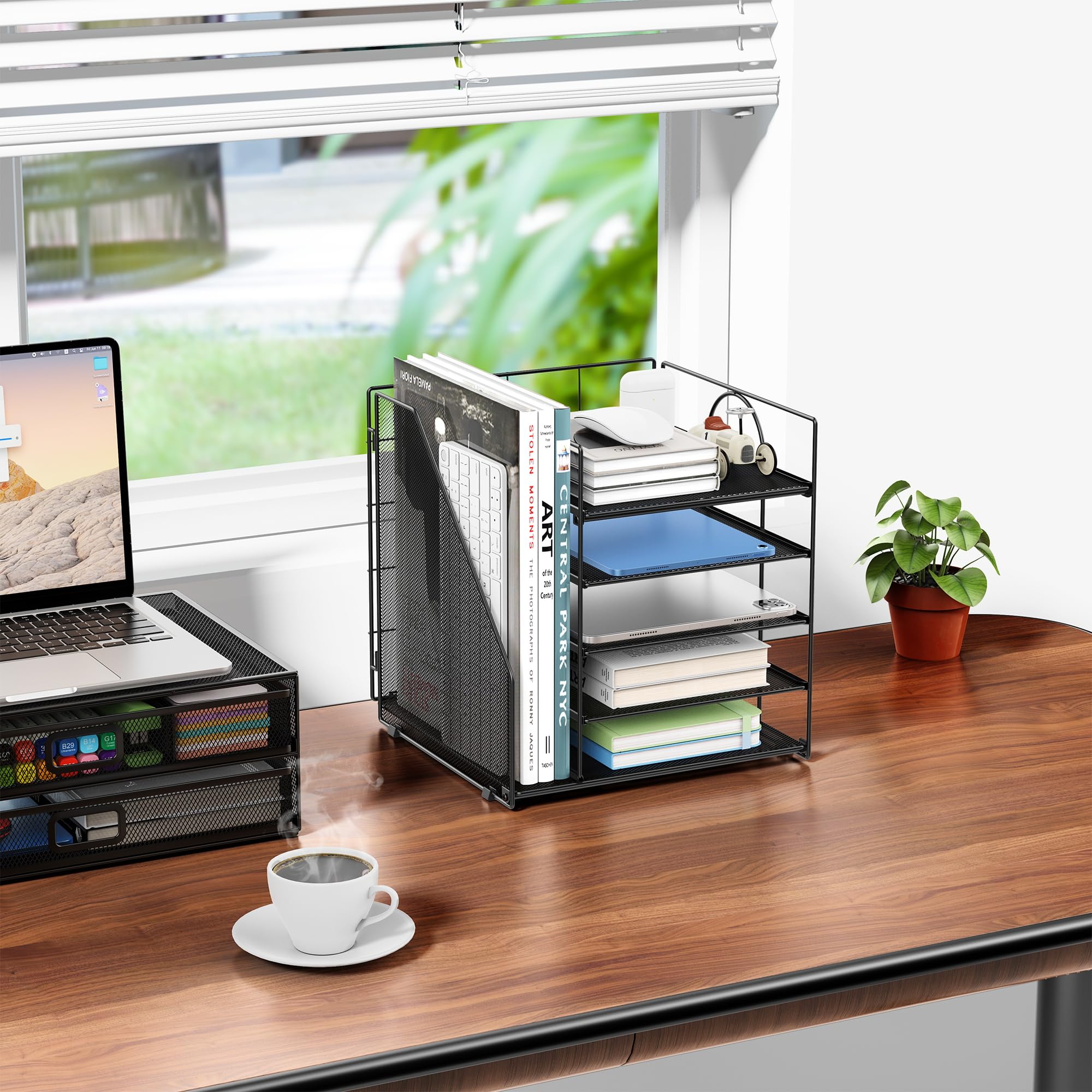 Auvo ADO04 Metal Mesh Desk Organizer, 5-Tier Paper Letter Tray with File Holder, Vertical Magazine/File Holder, Desktop Organizer for Office Supplies, Black