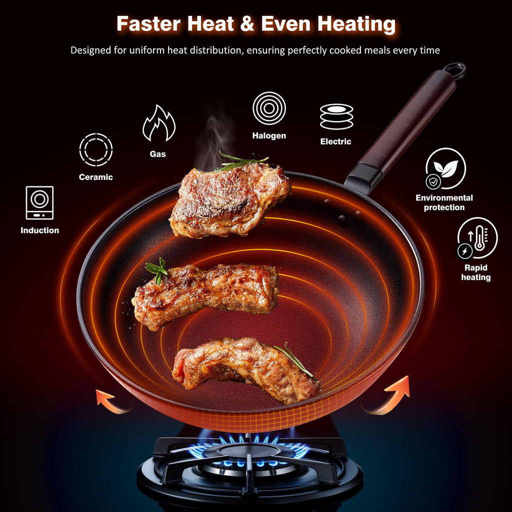 Teewe Carbon Steel Wok -13 Inch Woks & Stir-Fry Pans Nonstick, Wok Pan with Lid Spatula and Dish Brush: Pre-Seasoned Flat Bottom Chinese Wok for Induction, Electric, Gas, All Stoves