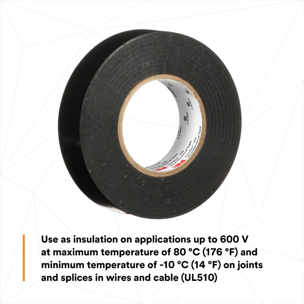 3M Temflex 175, Vinyl Electrical Tape, Black, 3/4in x 60ft, 10 Rolls