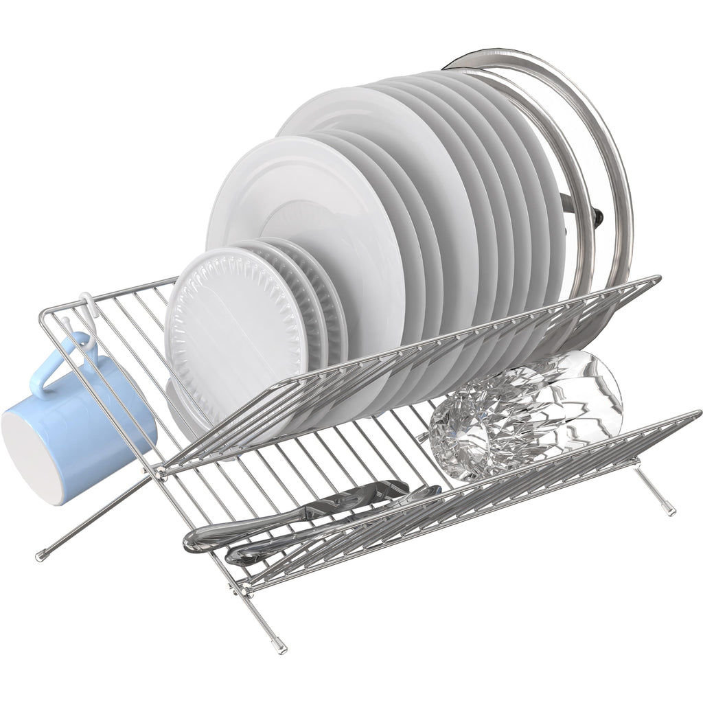 Simple Houseware Folding Dish Drying Rack, 2-Tier Collapsible X-Shape Tableware Drainer for Kitchen Countertop and Compact Storage, Chrome