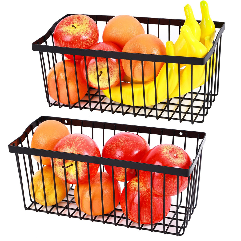 2 Pcs Fruit Basket Wire Baskets, Fruit and Veggie Storage Basket Holder for Kitchen Wall Mounted,Kitchen Organizers and Storage for Snack Onion Potato（Black）