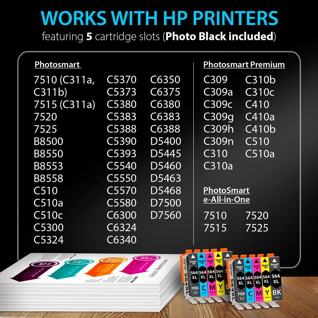 Smart Ink Compatible Ink Cartridge Replacement for HP 564 XL 564XL High Yield 10 Combo Pack (2 Black, 2PBK & 2 C/M/Y) for Photosmart 6525 6520 7520 5520 7510 5510 7525 DeskJet 3520 3522